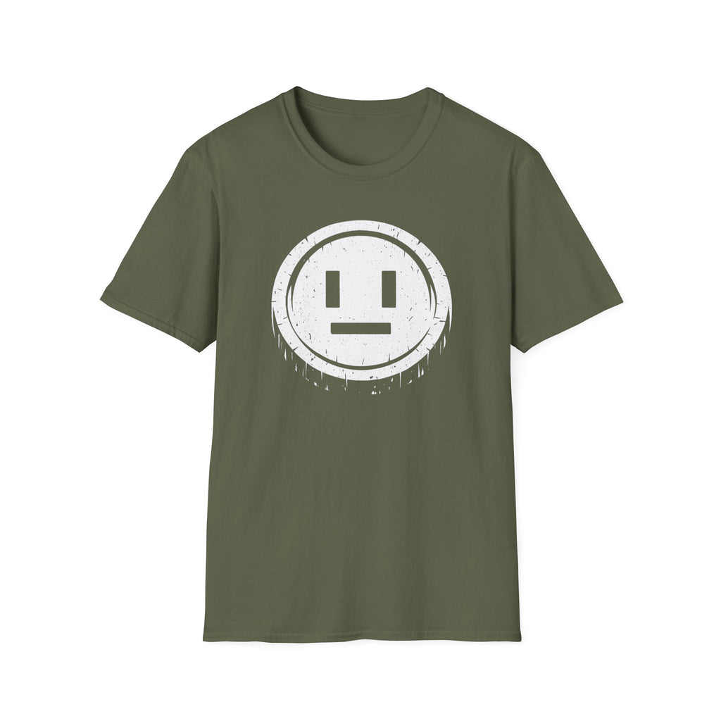 Meh Emoji Face Coin Grunge T-Shirt - Minimal Neutral Emoticon Tee