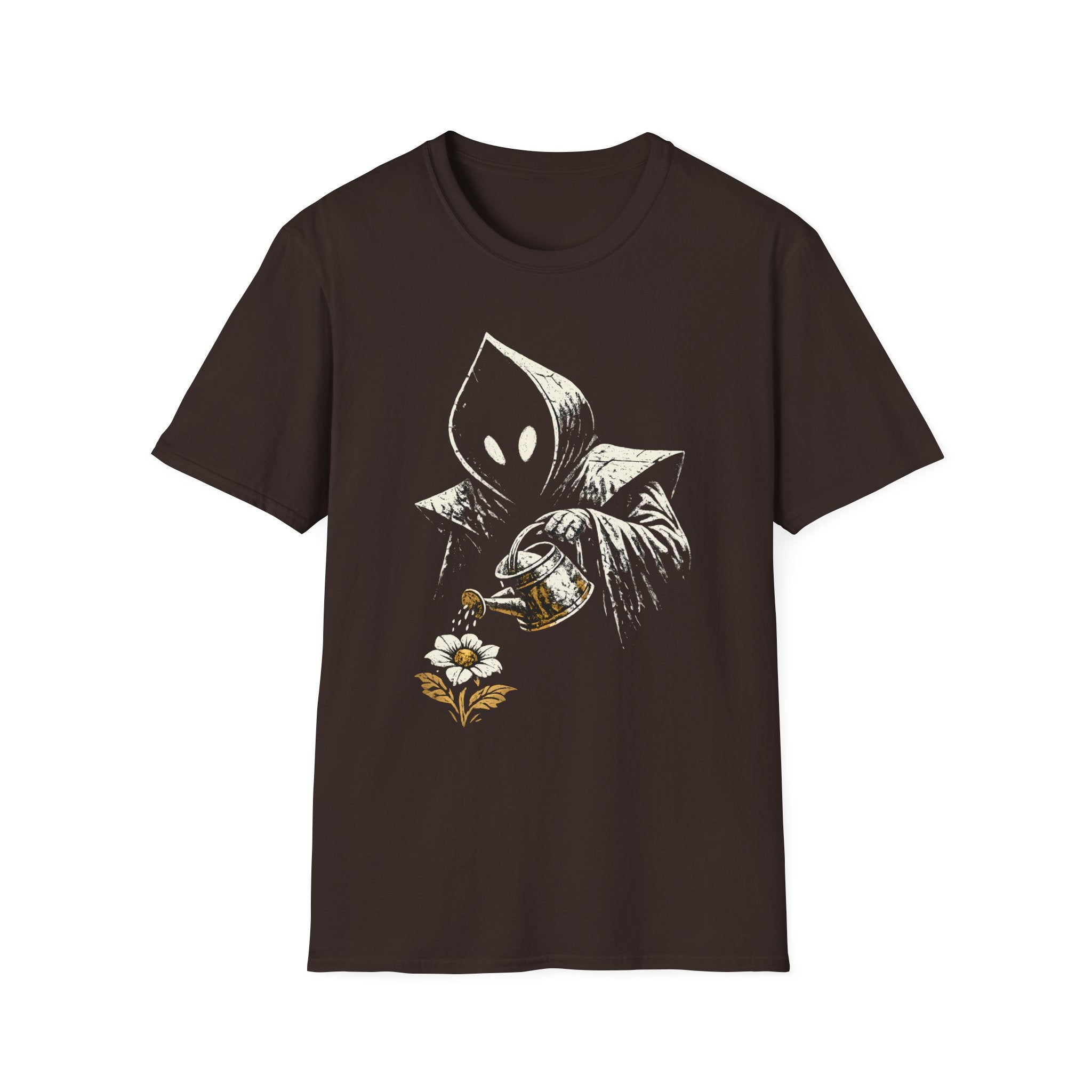 Hooded Figure Watering Flower Graphic T-Shirt (Flatwoods Monster Tee)