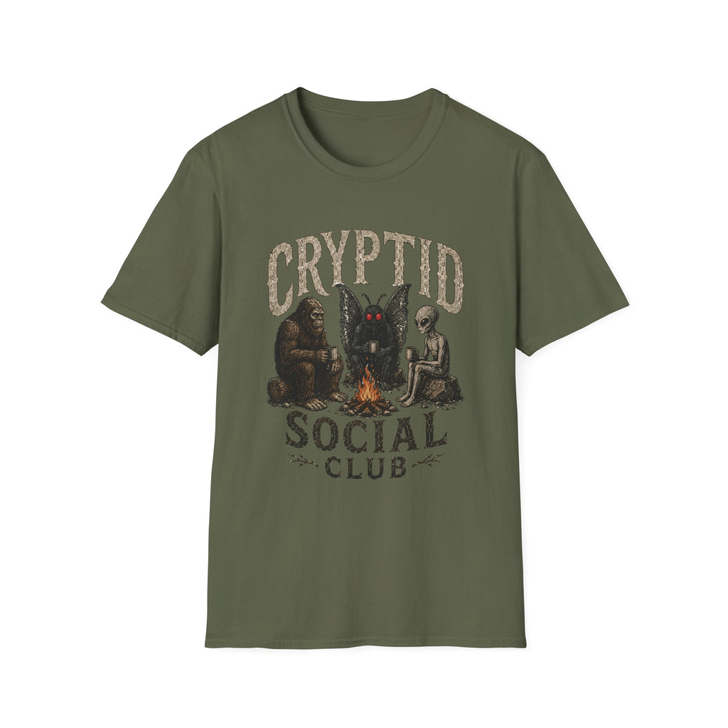 Cryptid Social Club T-Shirt - Bigfoot, Mothman & Alien Retro Graphic Tee