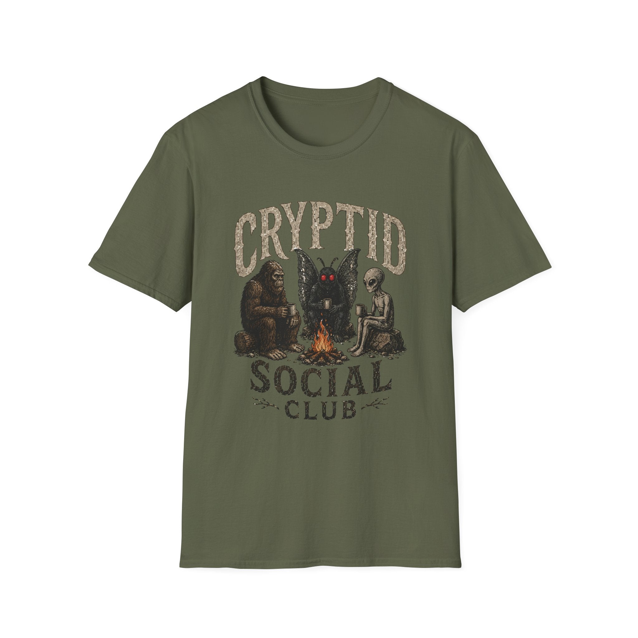 Cryptid Social Club T-Shirt - Bigfoot, Mothman & Alien Retro Graphic Tee
