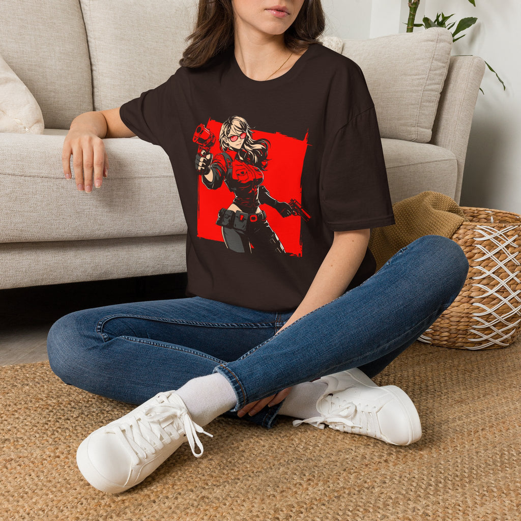 Gamer Girl Gunslinger Graphic T-Shirt — Red Comic Gun Heroine Tee