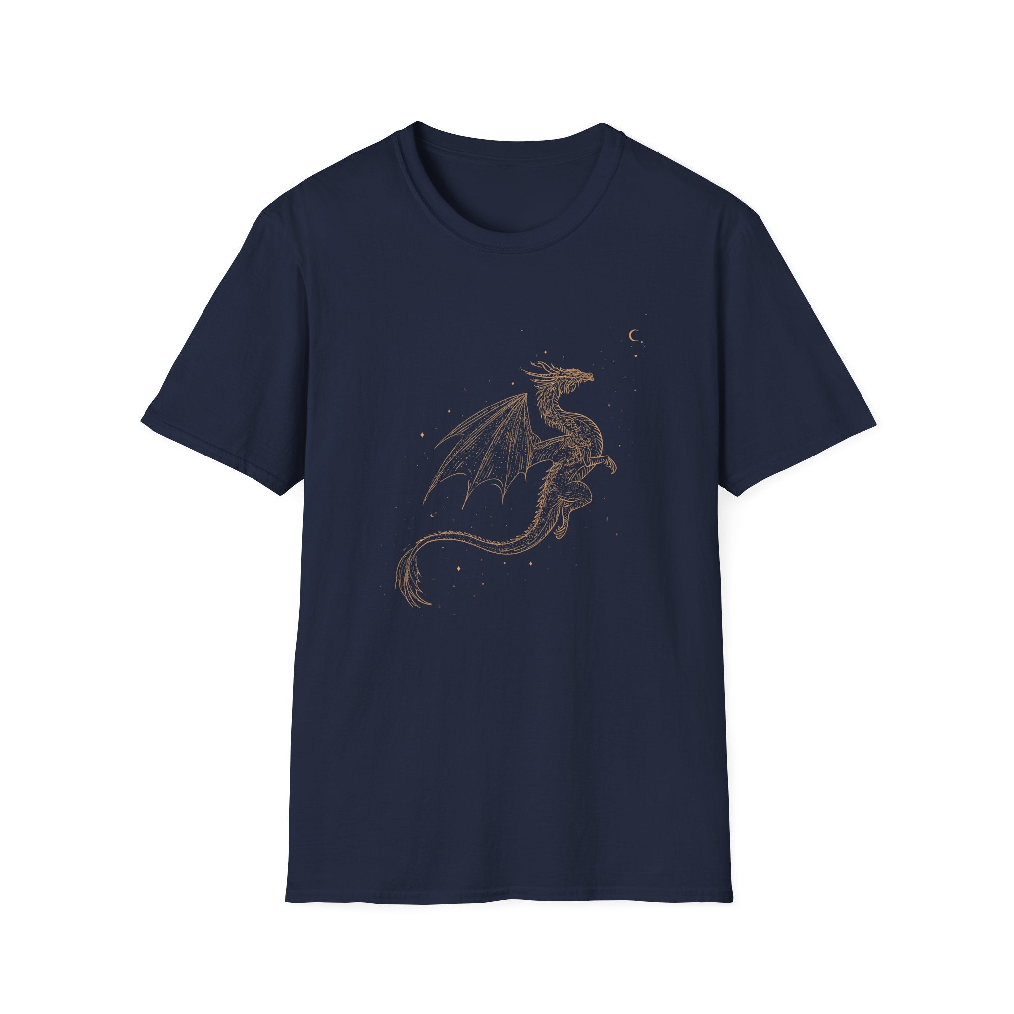 Gold Celestial Dragon T-Shirt — Mystic Fantasy Tee with Moon Accent