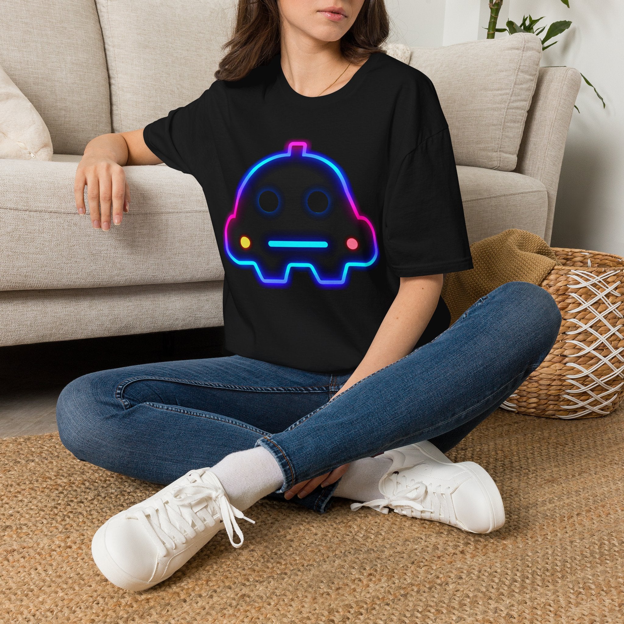 Neon Robot Tee - Retro Glowing Cute Bot Graphic T-Shirt