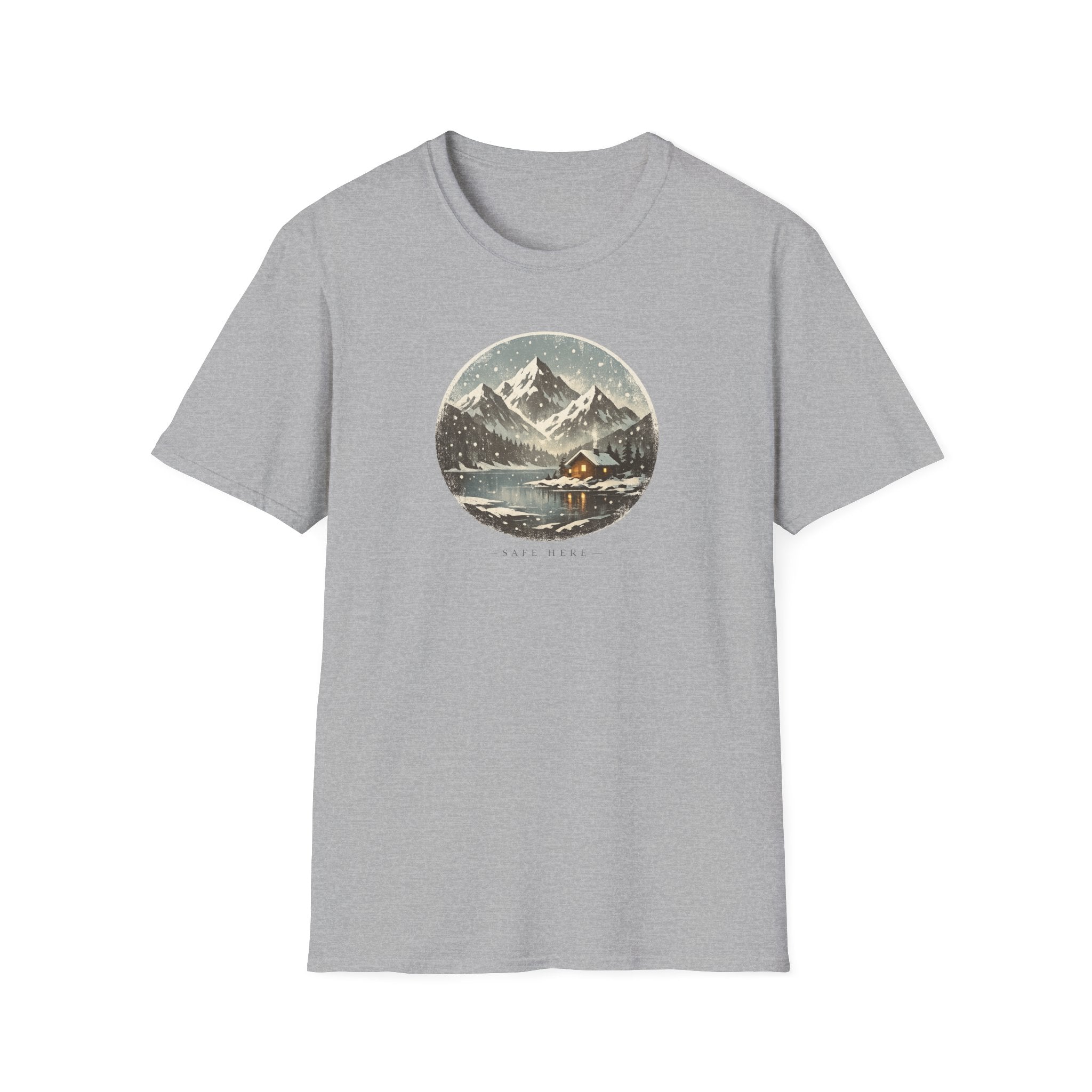 'Safe Here' Cozy Mountain Cabin Snowfall T-Shirt