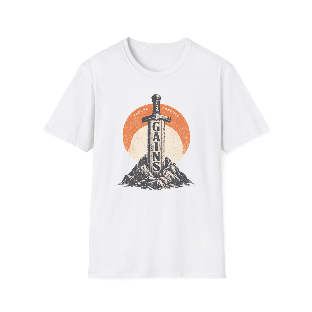 "Gains" Giant Sword T-Shirt — 'Endure Conquer' Vintage Fitness Tee