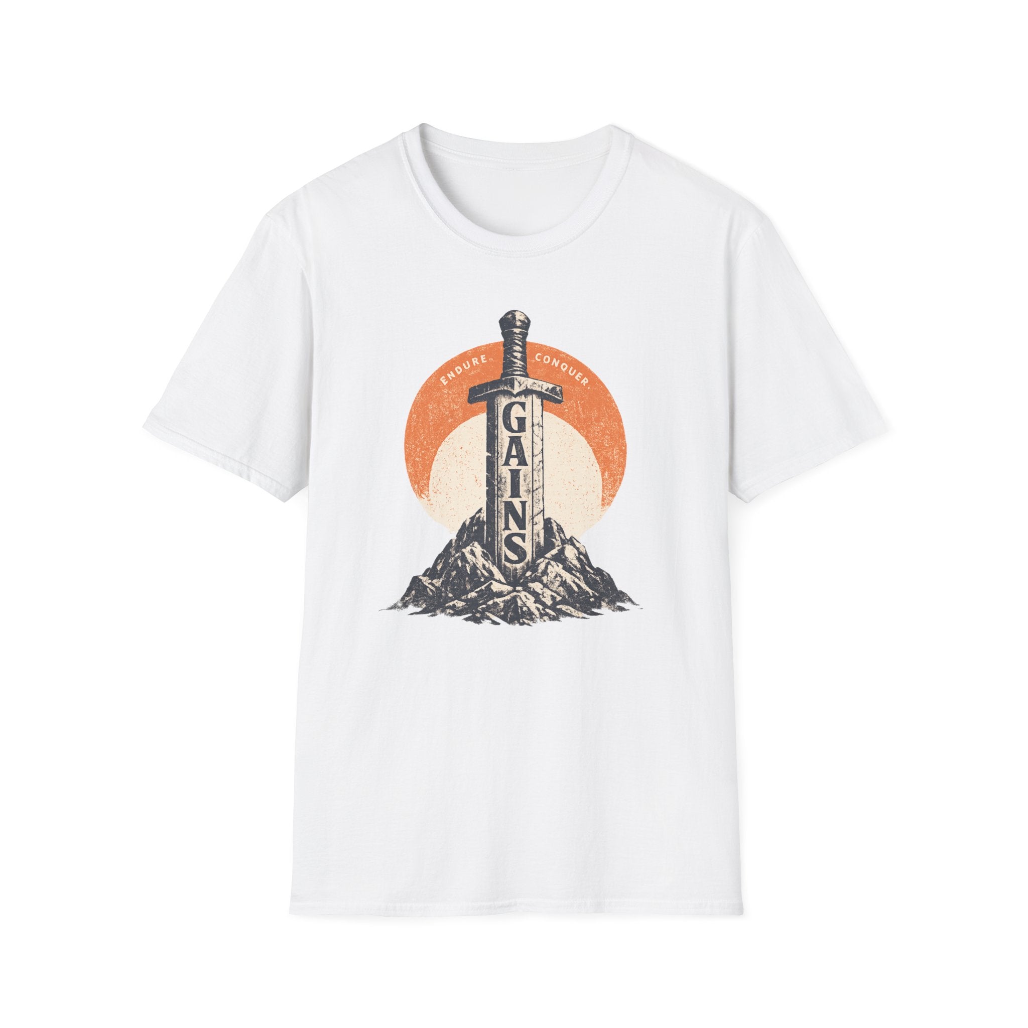 "Gains" Giant Sword T-Shirt — 'Endure Conquer' Vintage Fitness Tee