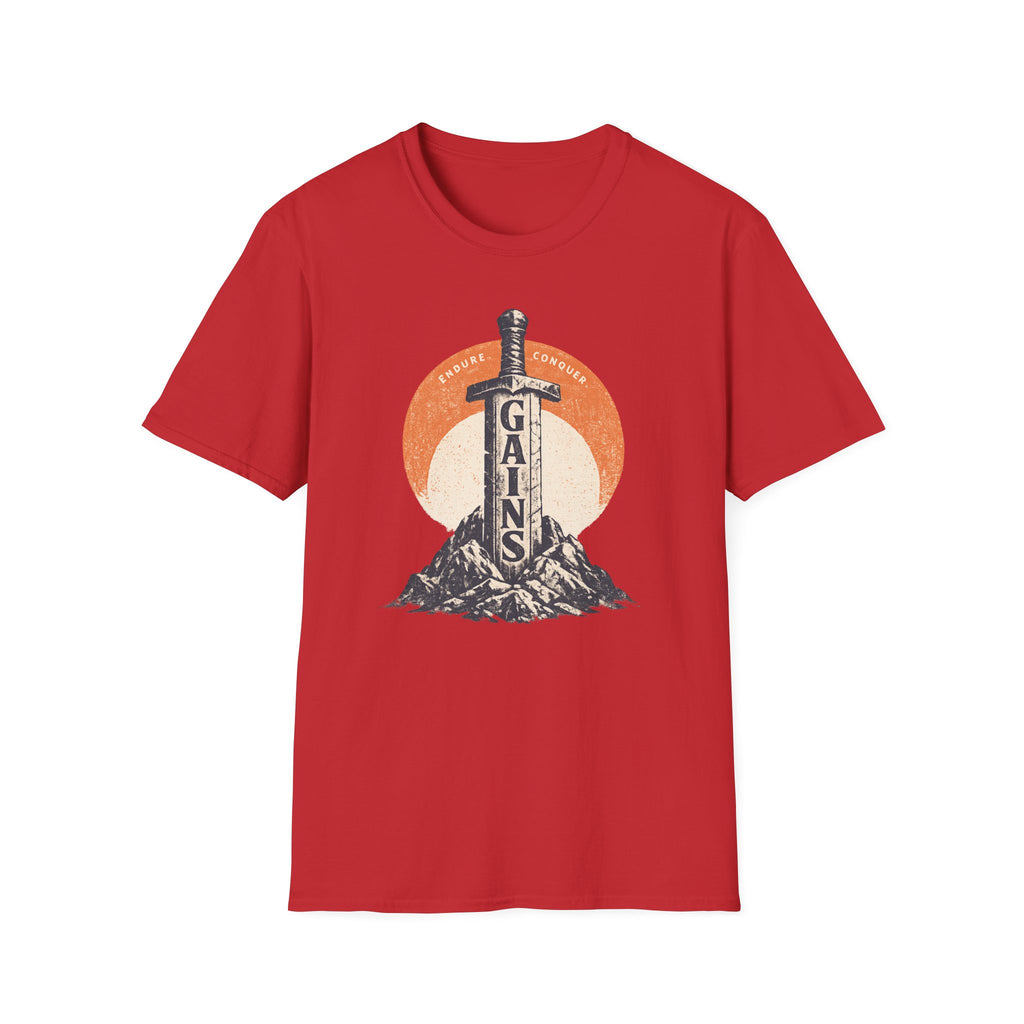 "Gains" Giant Sword T-Shirt — 'Endure Conquer' Vintage Fitness Tee