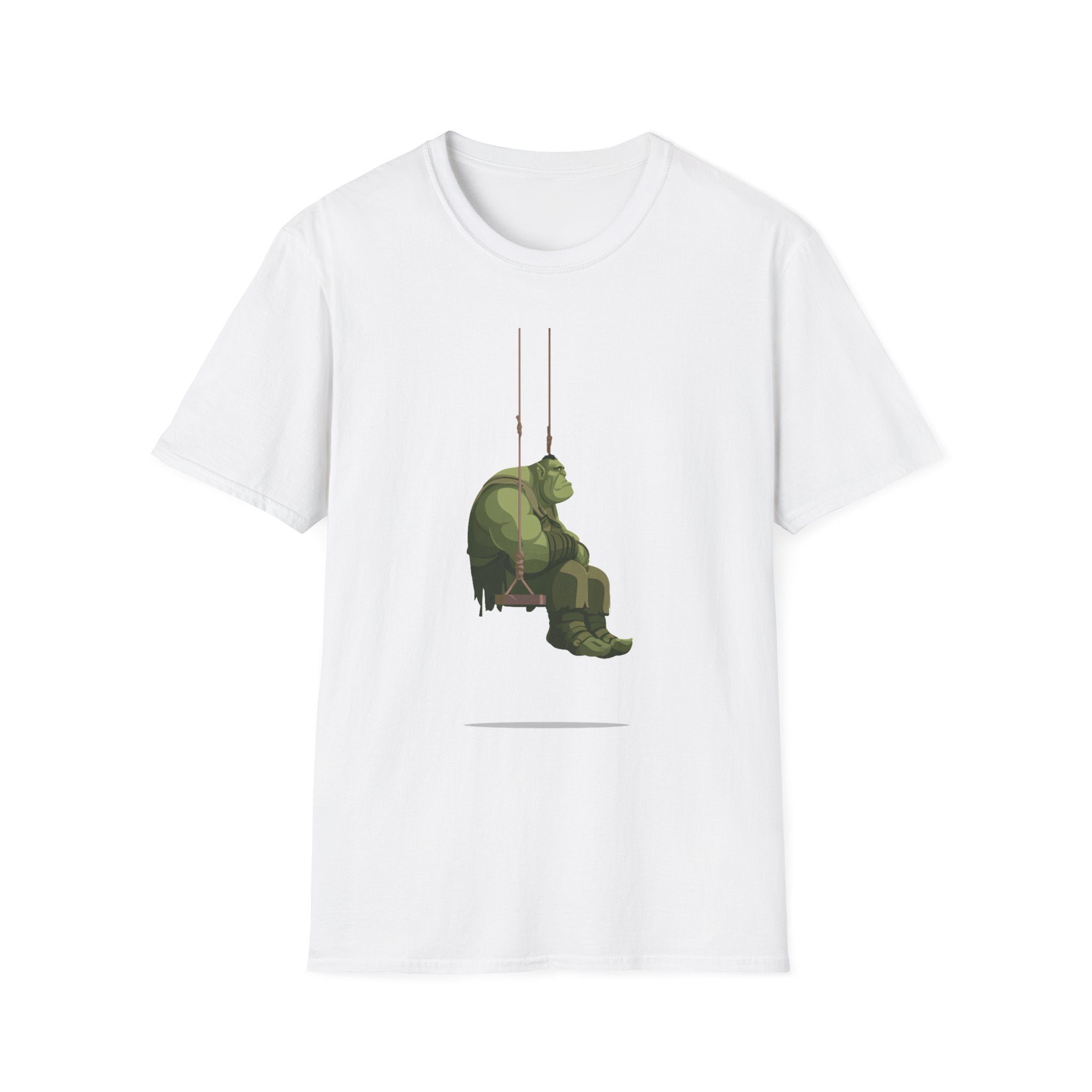 Sad Ogre Graphic T-Shirt - Cute Green Monster Swinging Tee