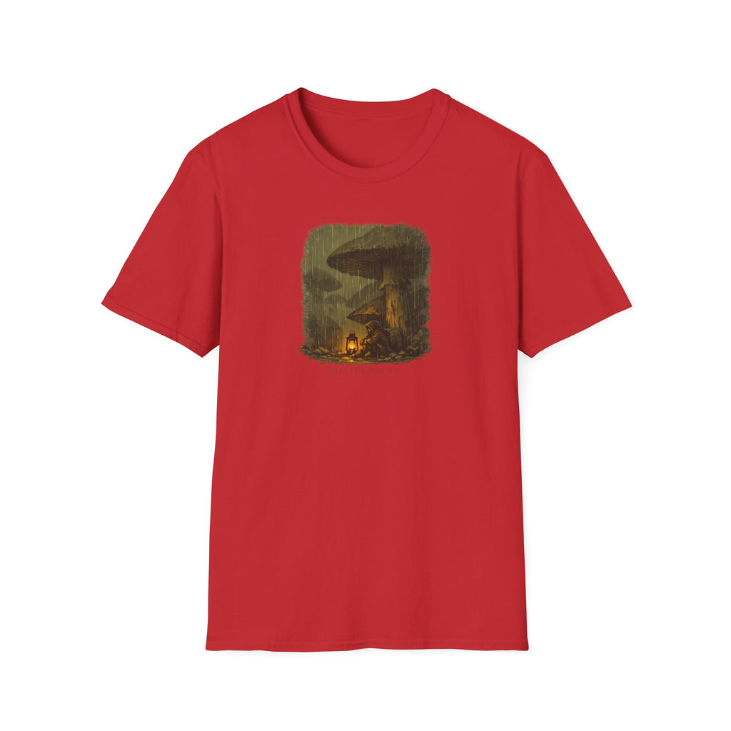 'Shelter Found' Mushroom T-Shirt - Cozy Forest Campfire Illustration