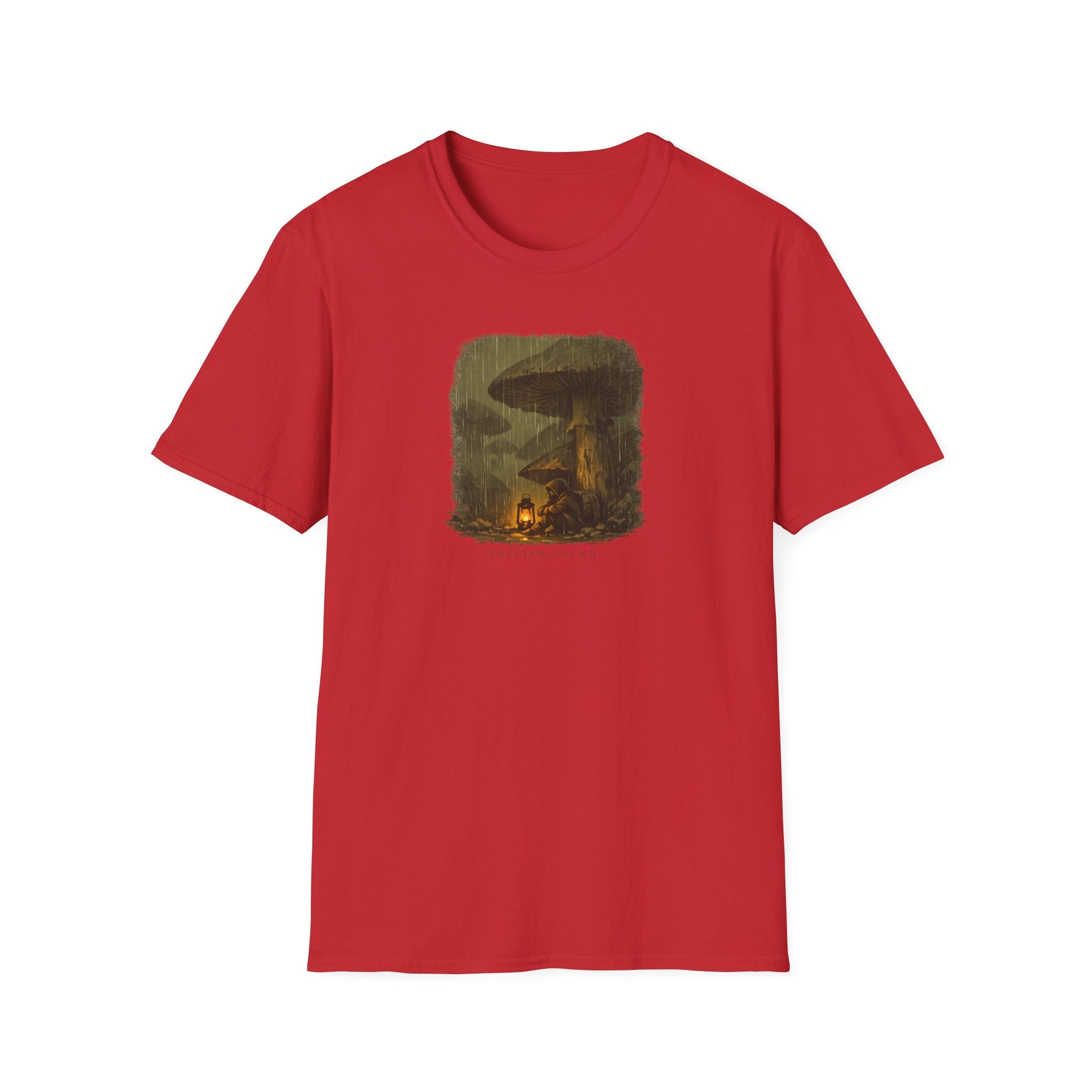 'Shelter Found' Mushroom T-Shirt - Cozy Forest Campfire Illustration