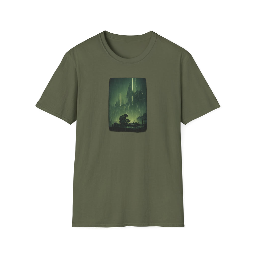 'Maintenance' Mode Retro Futuristic - Gardener Cityscape T-Shirt
