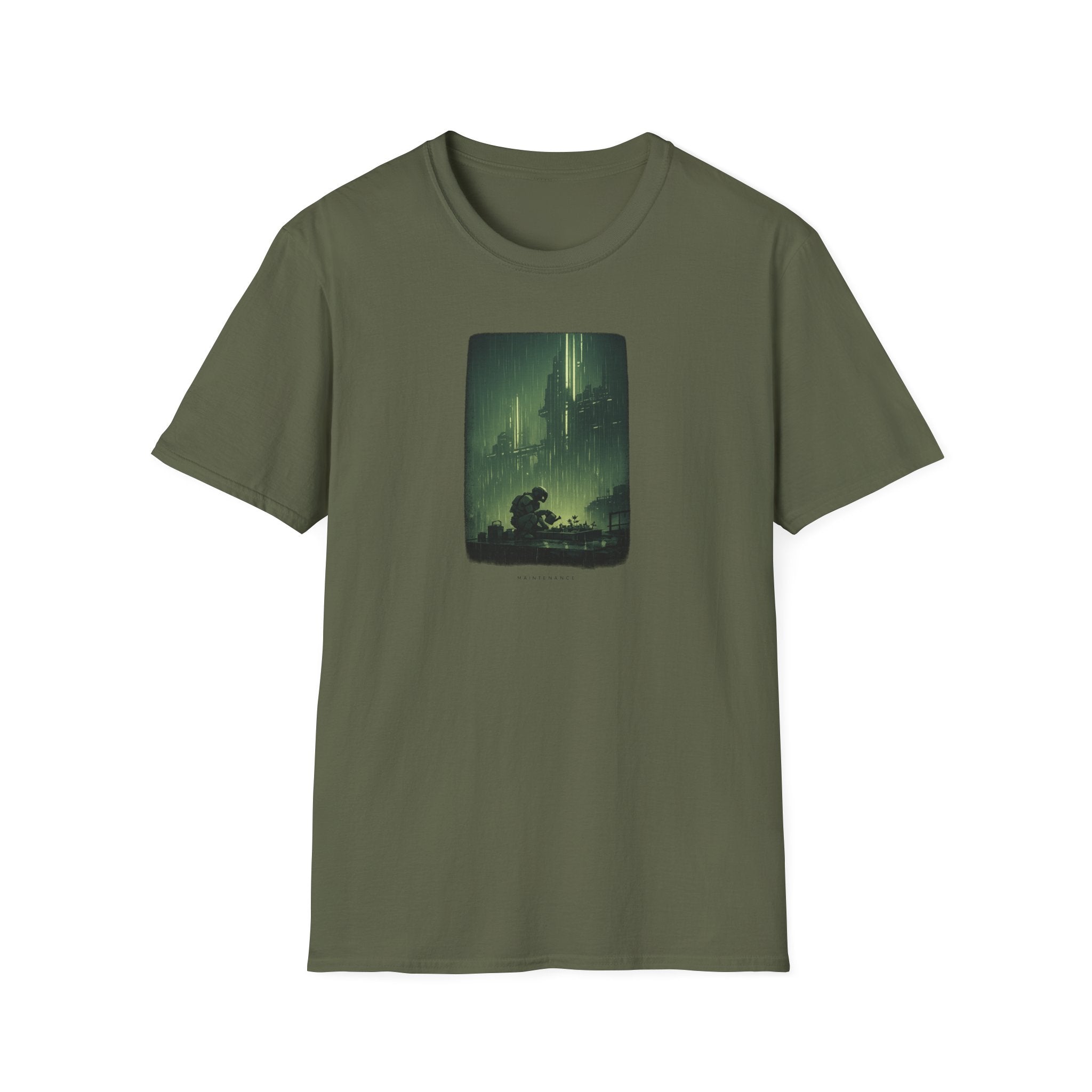 'Maintenance' Mode Retro Futuristic - Gardener Cityscape T-Shirt