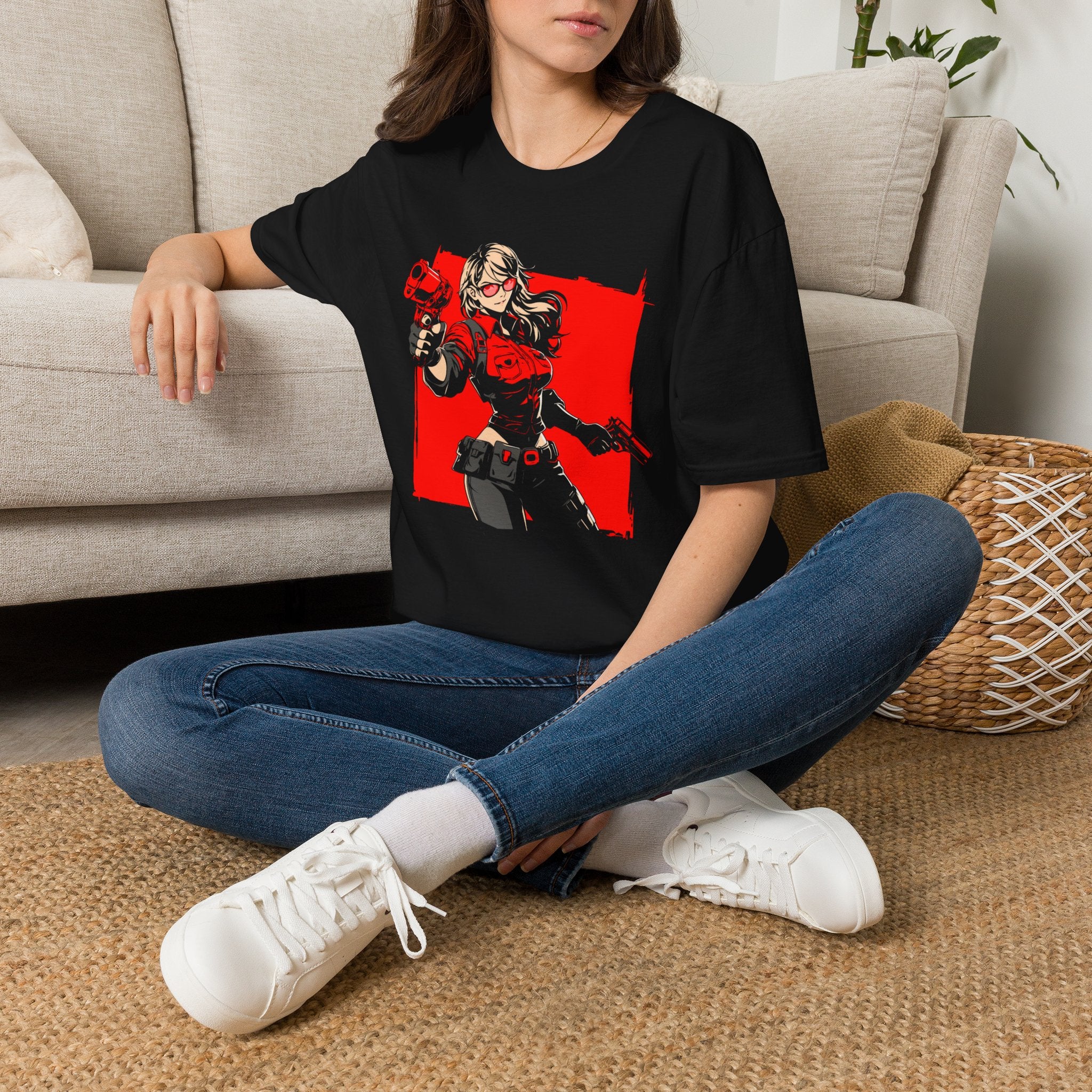 Gamer Girl Gunslinger Graphic T-Shirt — Red Comic Gun Heroine Tee