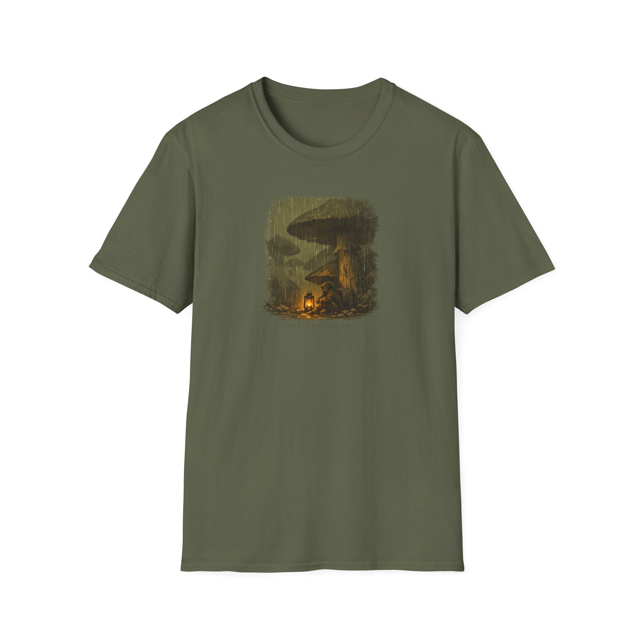 'Shelter Found' Mushroom T-Shirt - Cozy Forest Campfire Illustration