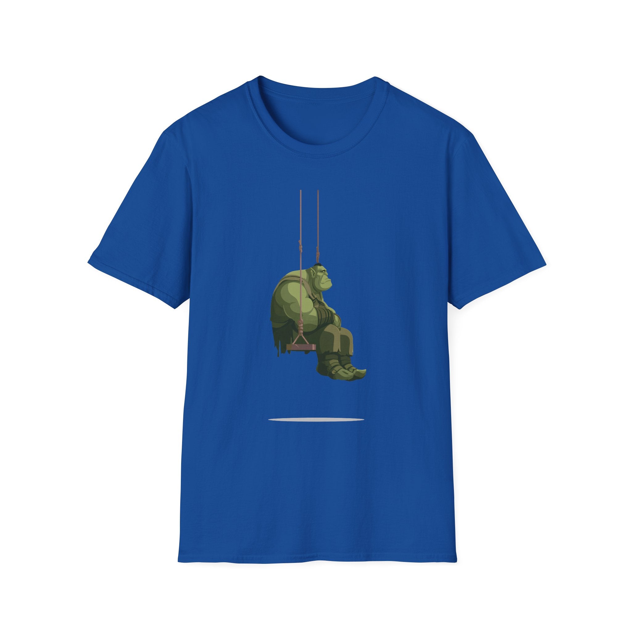 Sad Ogre Graphic T-Shirt - Cute Green Monster Swinging Tee