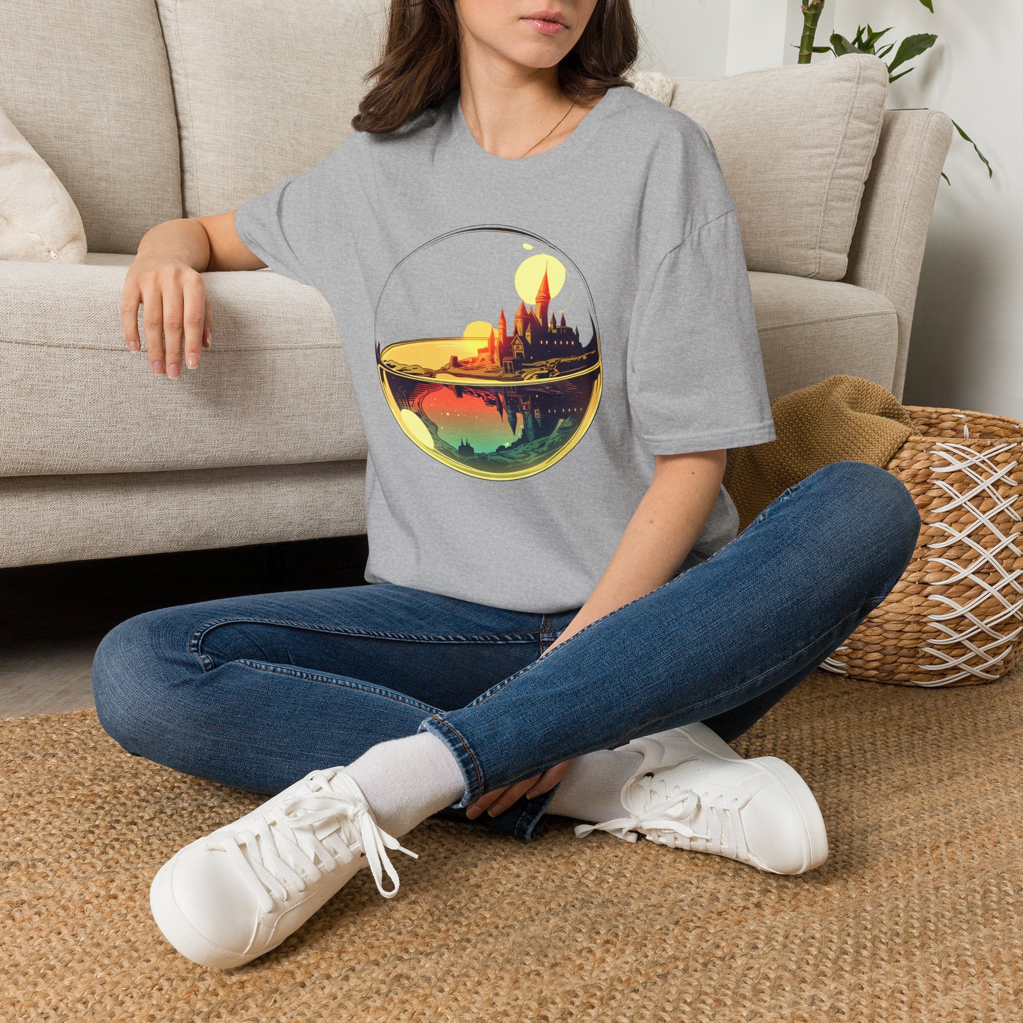 Fantasy Castle in Crystal Ball T-Shirt - Glass Orb Sunset Illustration