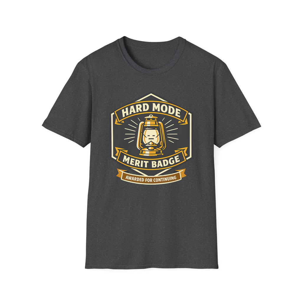 Hard Mode Merit Badge T‑Shirt — Retro Lantern Gaming/Outdoors Crew Tee