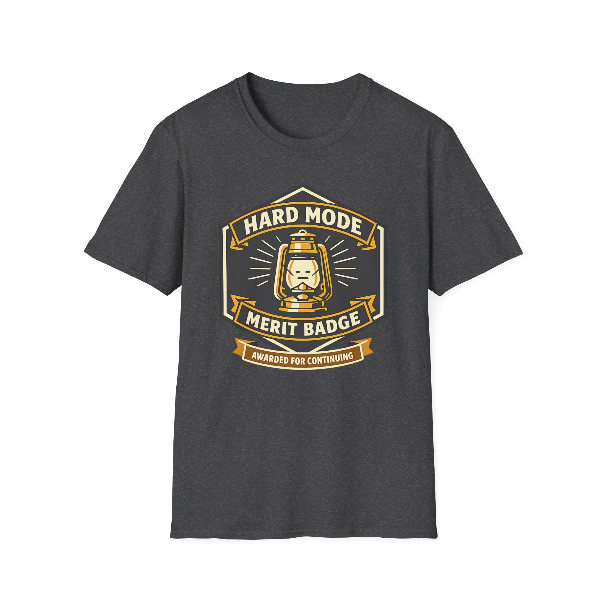 Hard Mode Merit Badge T‑Shirt — Retro Lantern Gaming/Outdoors Crew Tee