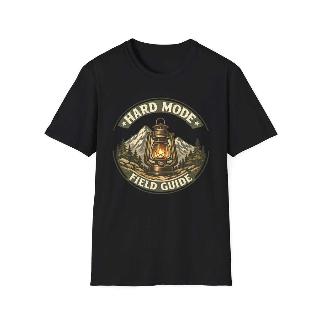 Hard Mode Field Guide T-Shirt - Vintage Lantern Mountain Fantasy Tee