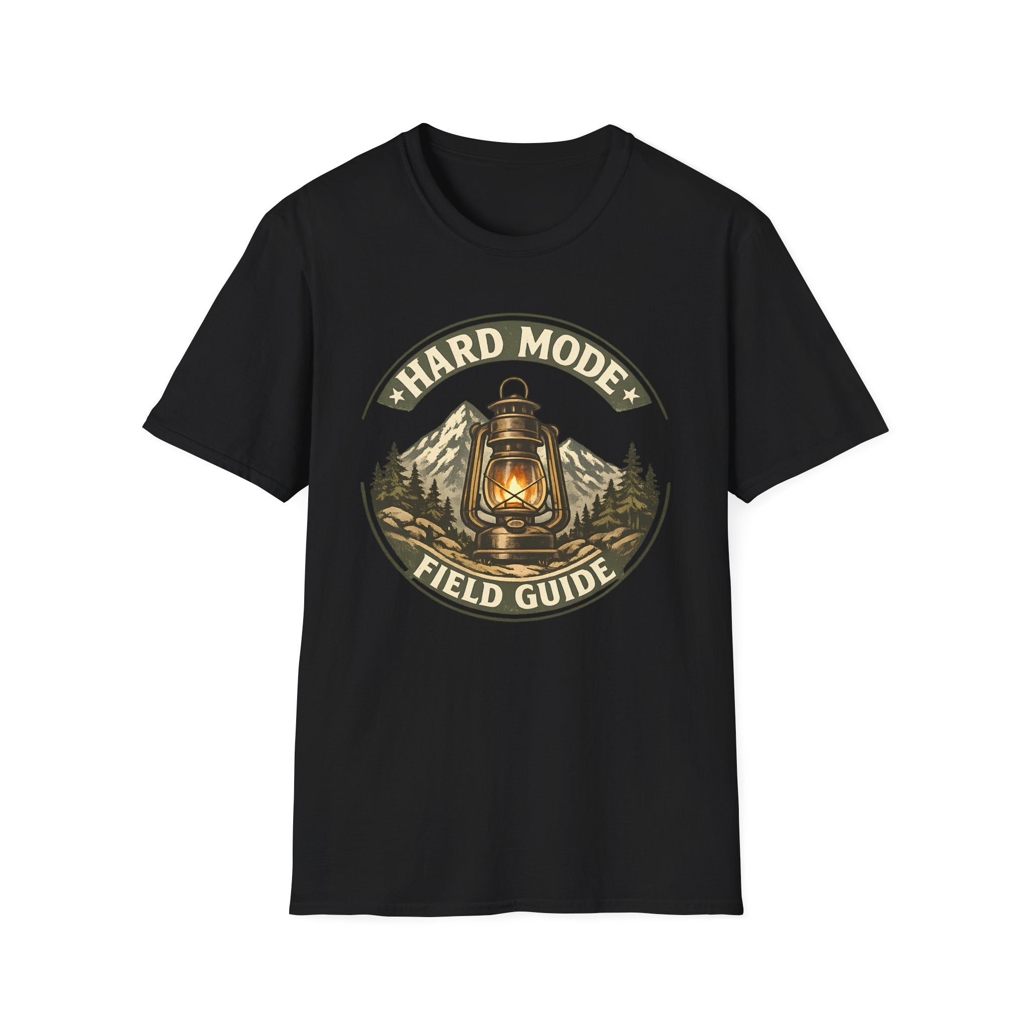 Hard Mode Field Guide T-Shirt - Vintage Lantern Mountain Fantasy Tee