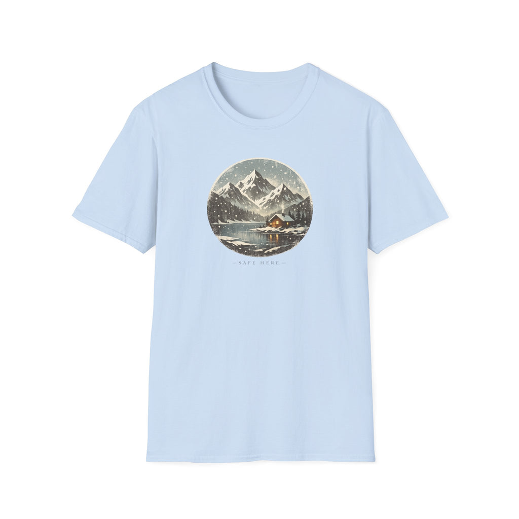 'Safe Here' Cozy Mountain Cabin Snowfall T-Shirt