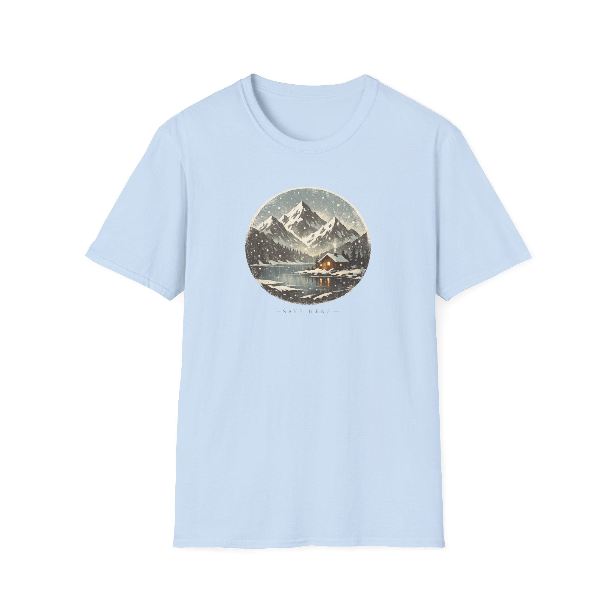 'Safe Here' Cozy Mountain Cabin Snowfall T-Shirt