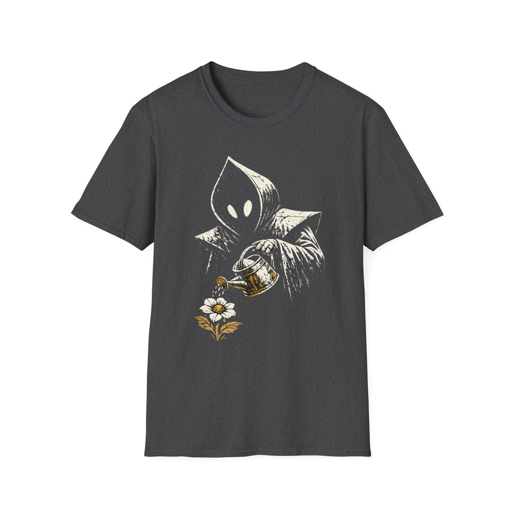 Hooded Figure Watering Flower Graphic T-Shirt (Flatwoods Monster Tee)