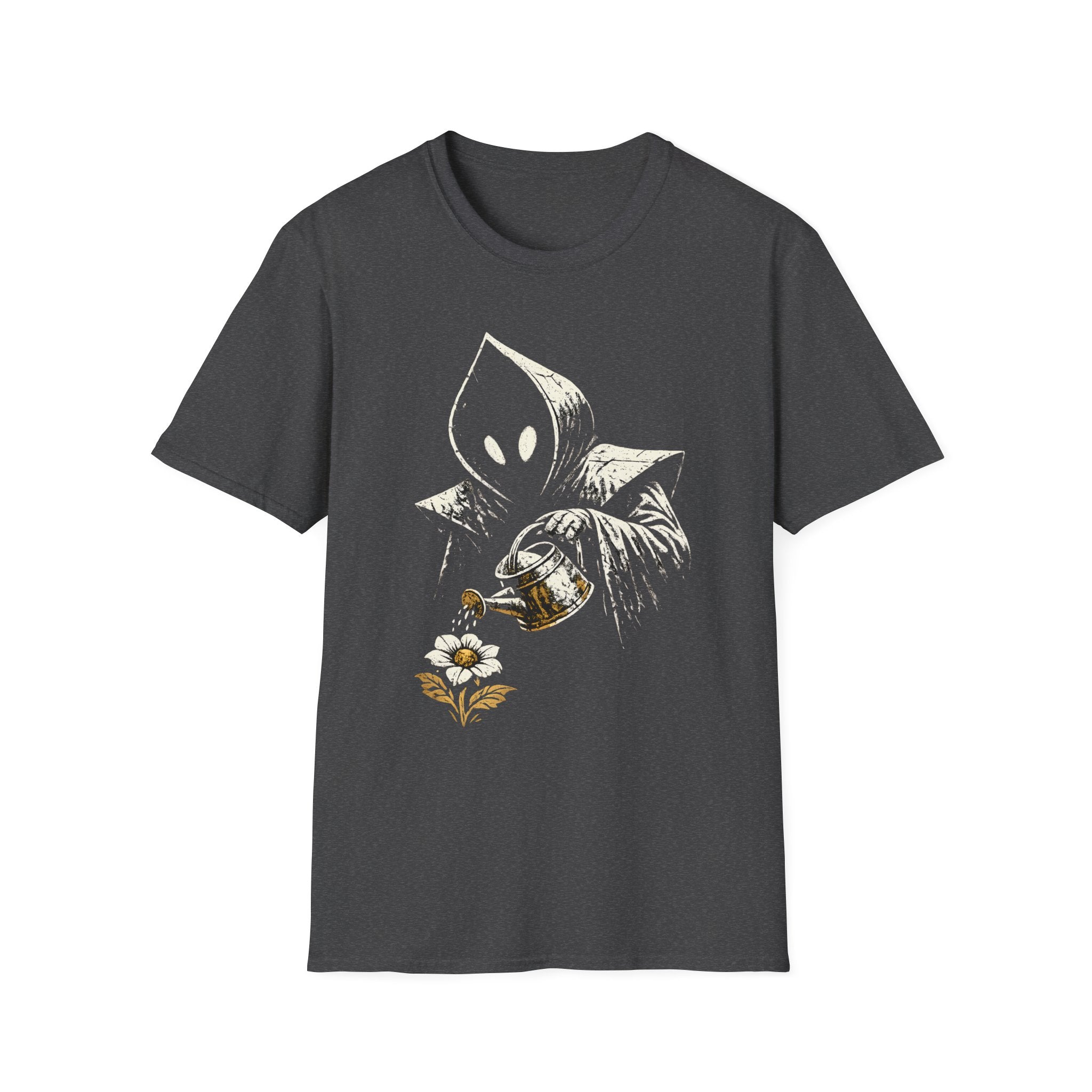 Hooded Figure Watering Flower Graphic T-Shirt (Flatwoods Monster Tee)
