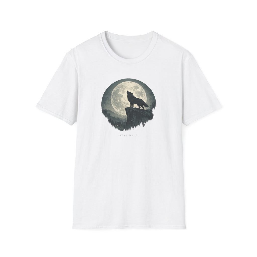 'Stay Wild' Wolf Howling at Moon T‑Shirt - Wilderness Moonlight Graphic Tee