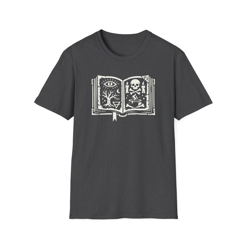 Spellbook Stylized Graphic T-Shirt - Vintage Witchbook Tee (Eye, Skull & Symbols)