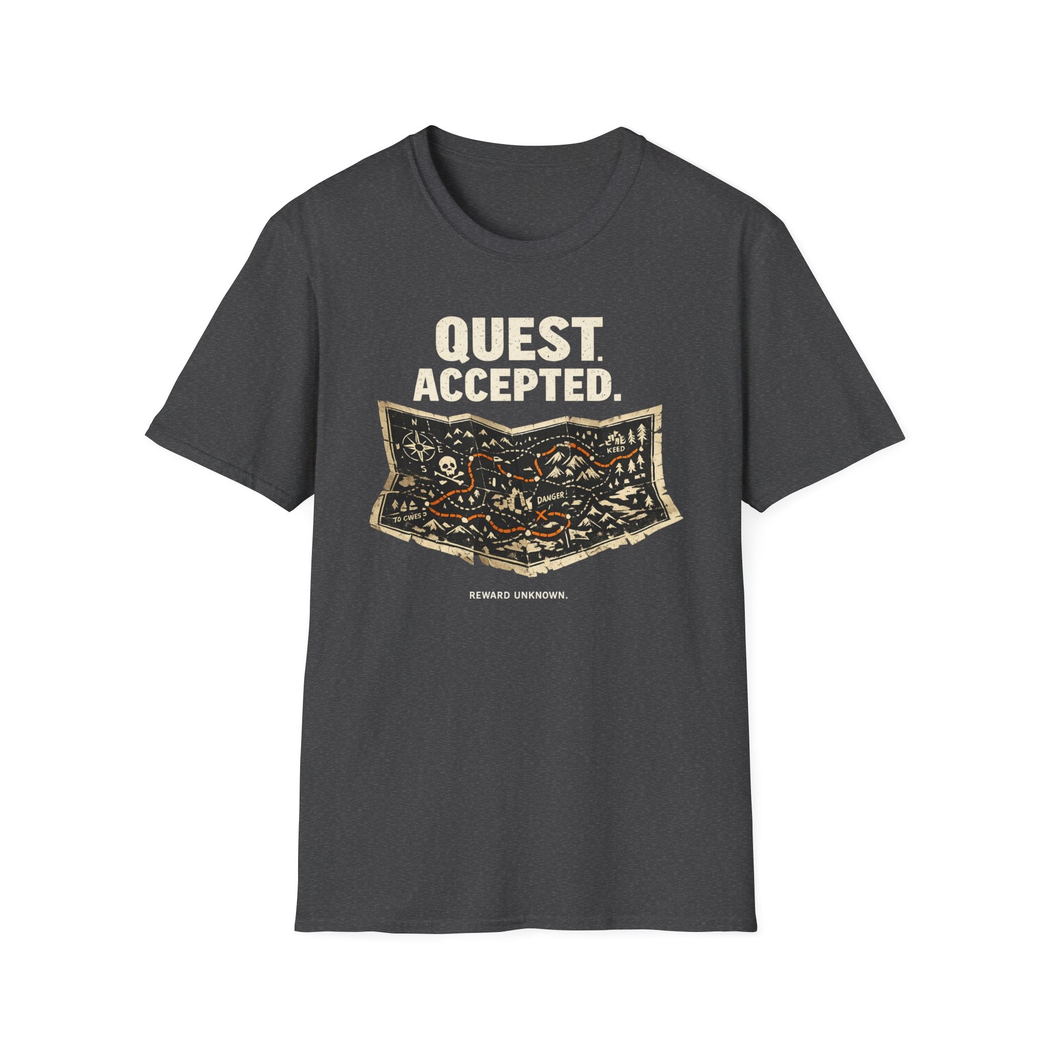 Quest Accepted, Reward Unknown T-Shirt — Vintage RPG Map Tee for Gamers & Adventurers
