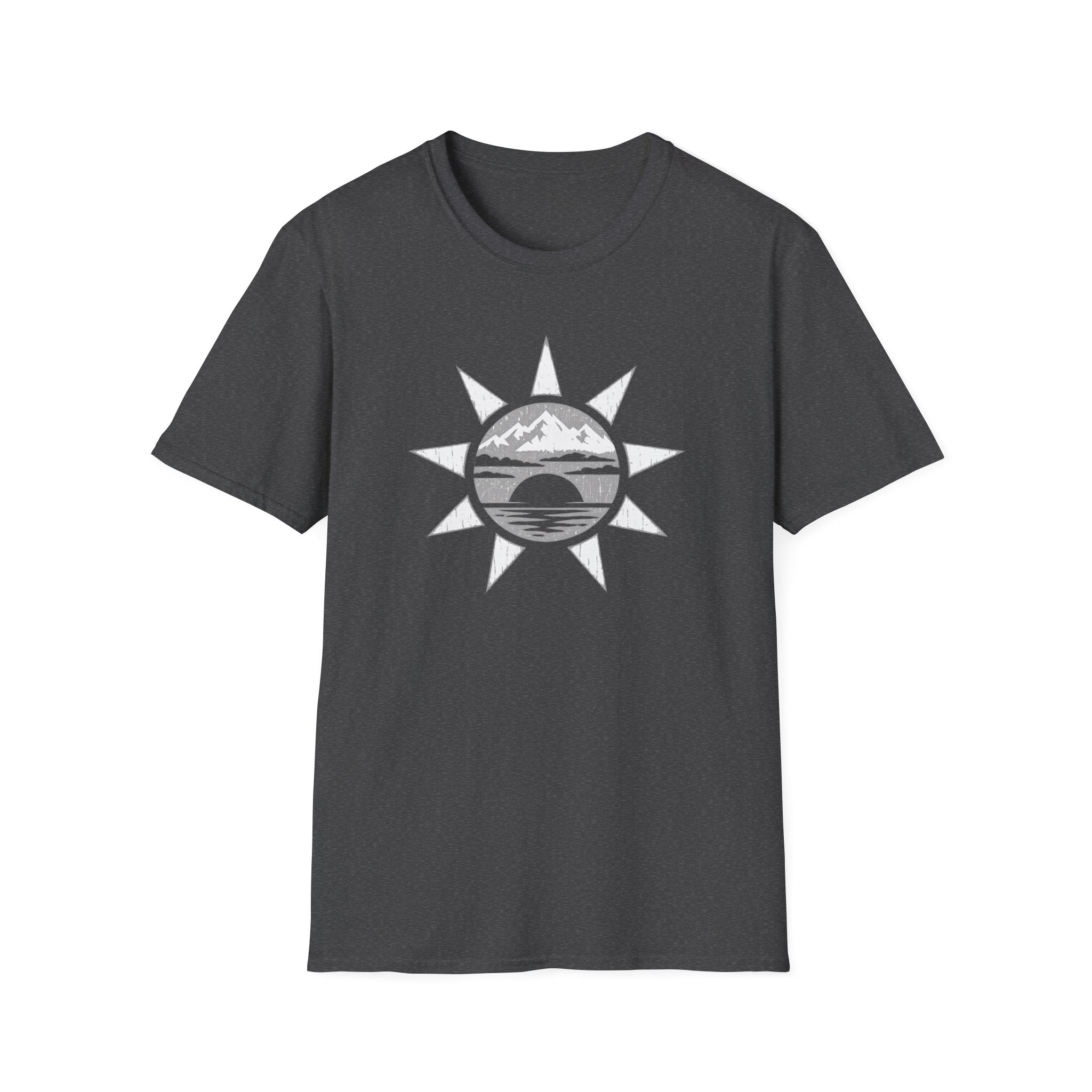Sunset Mountain T-Shirt — Minimal Nautical Sun & Waves Graphic