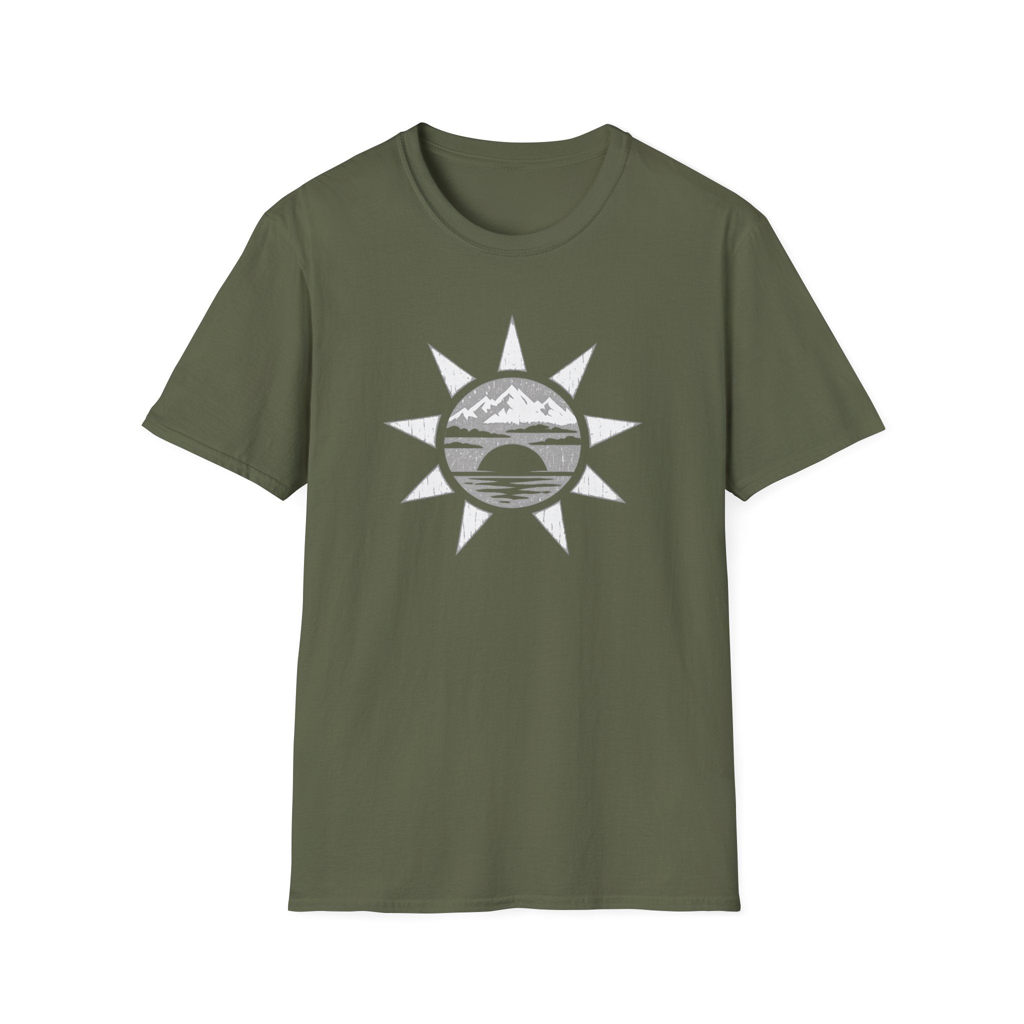 Sunset Mountain T-Shirt — Minimal Nautical Sun & Waves Graphic