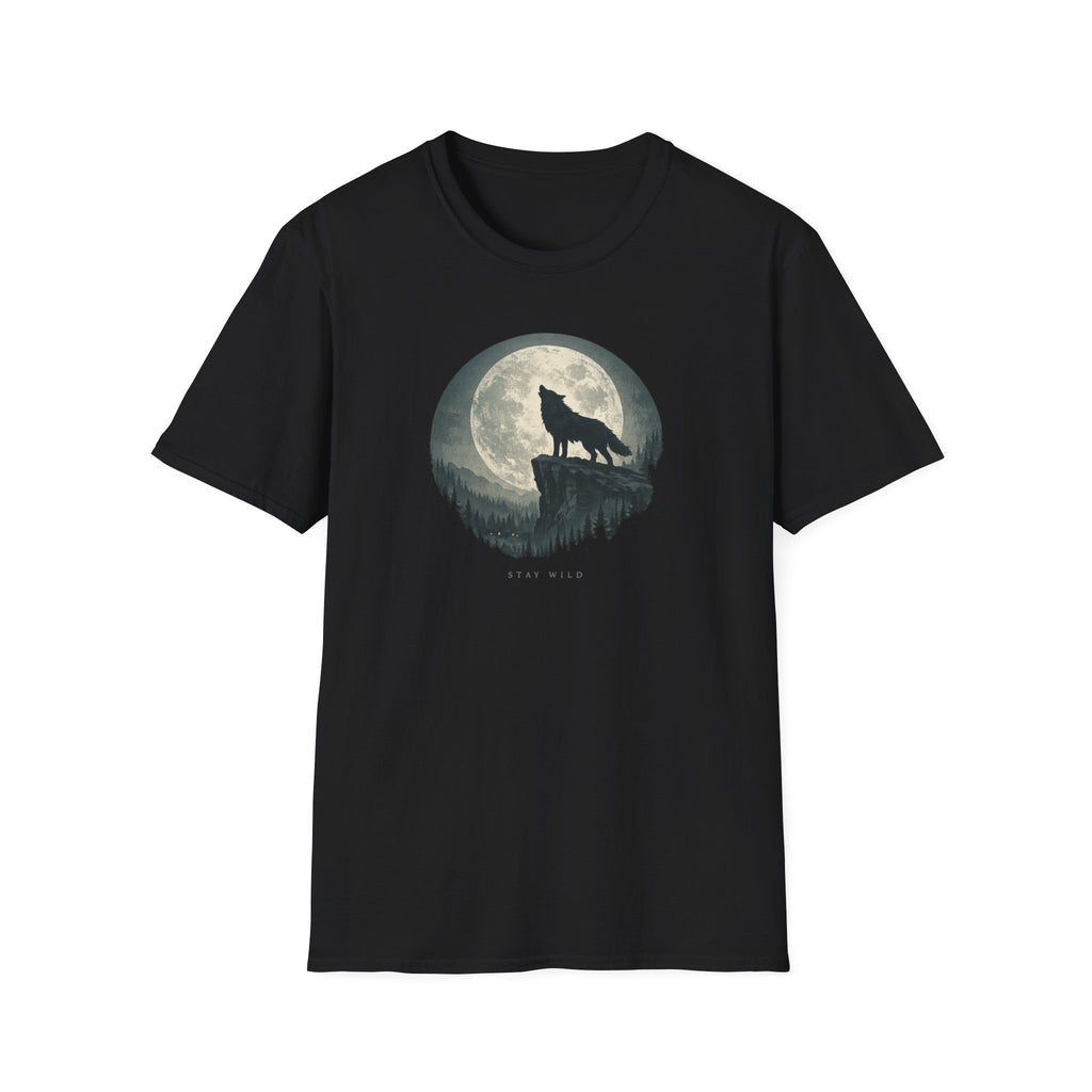 'Stay Wild' Wolf Howling at Moon T‑Shirt - Wilderness Moonlight Graphic Tee