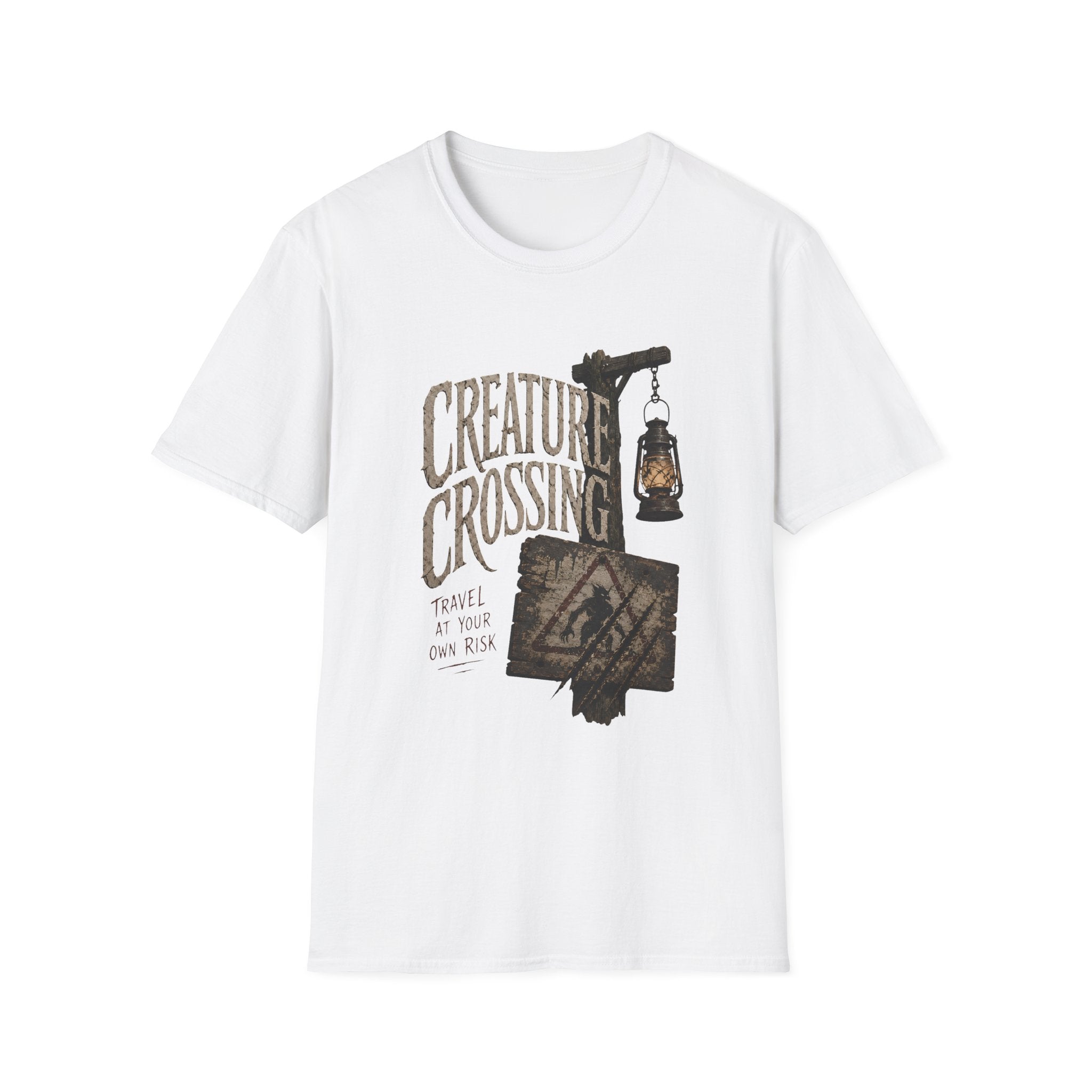 Creature Crossing T-Shirt - Rustic Lantern & Caution Adventure Tee