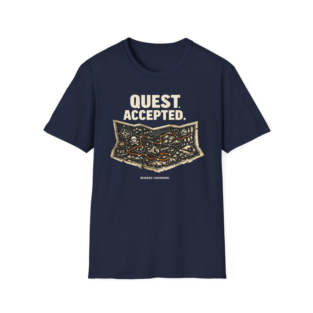 Quest Accepted, Reward Unknown T-Shirt — Vintage RPG Map Tee for Gamers & Adventurers