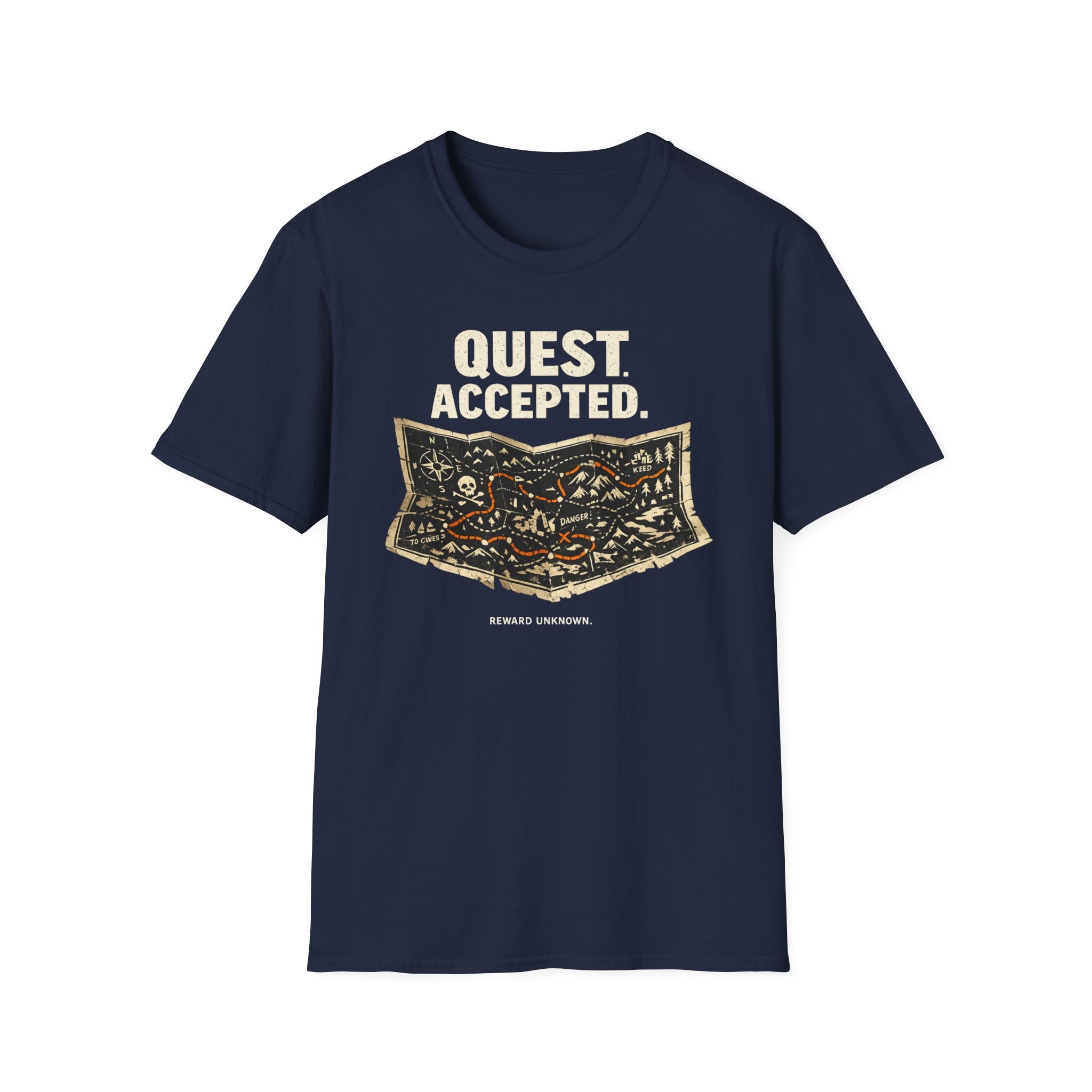 Quest Accepted, Reward Unknown T-Shirt — Vintage RPG Map Tee for Gamers & Adventurers