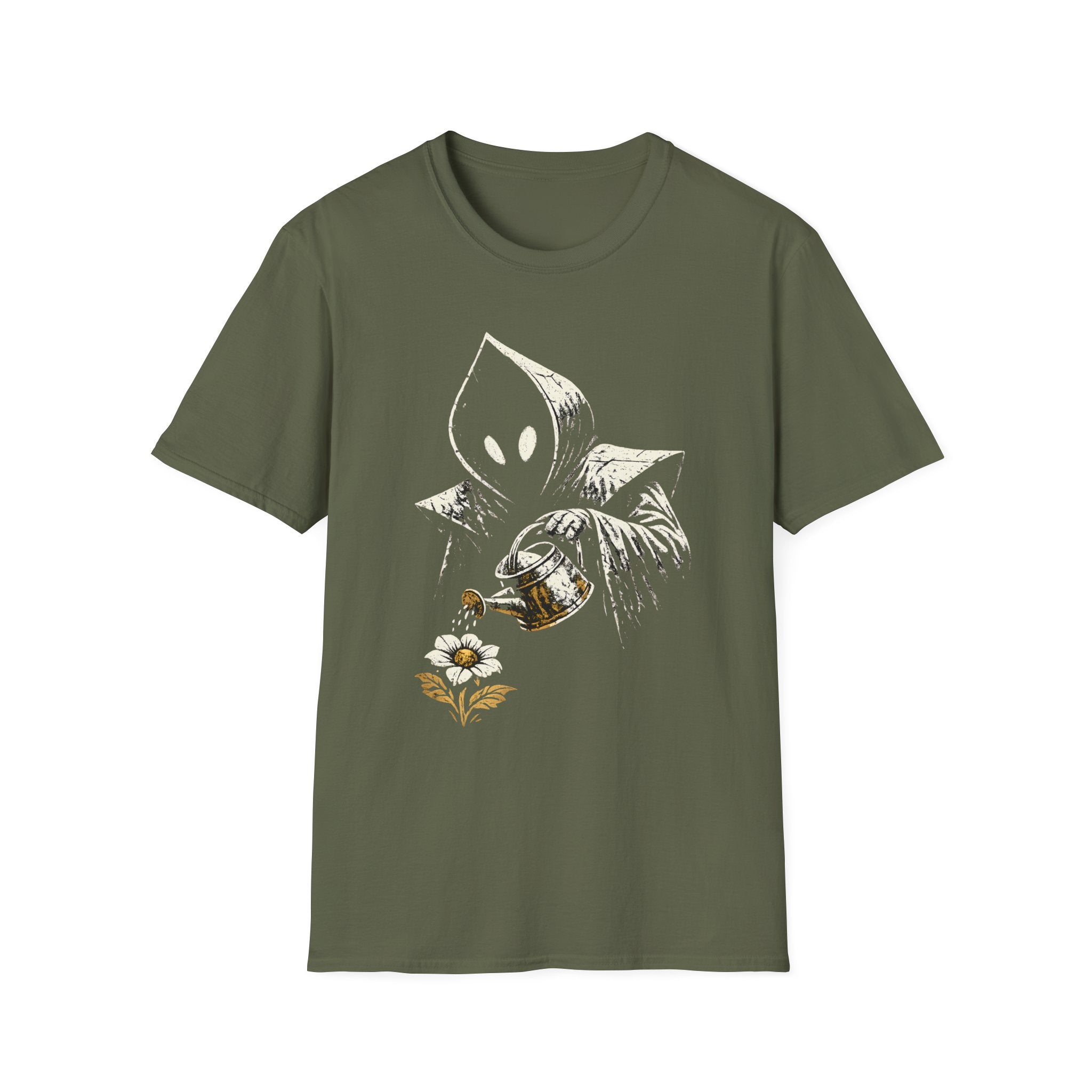 Hooded Figure Watering Flower Graphic T-Shirt (Flatwoods Monster Tee)