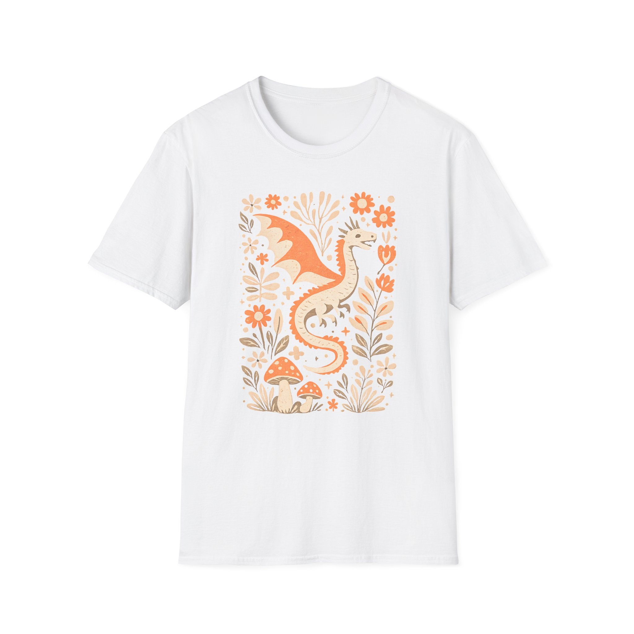 Whimsical Floral Dragon T-Shirt - Mushroom Garden Graphic Tee