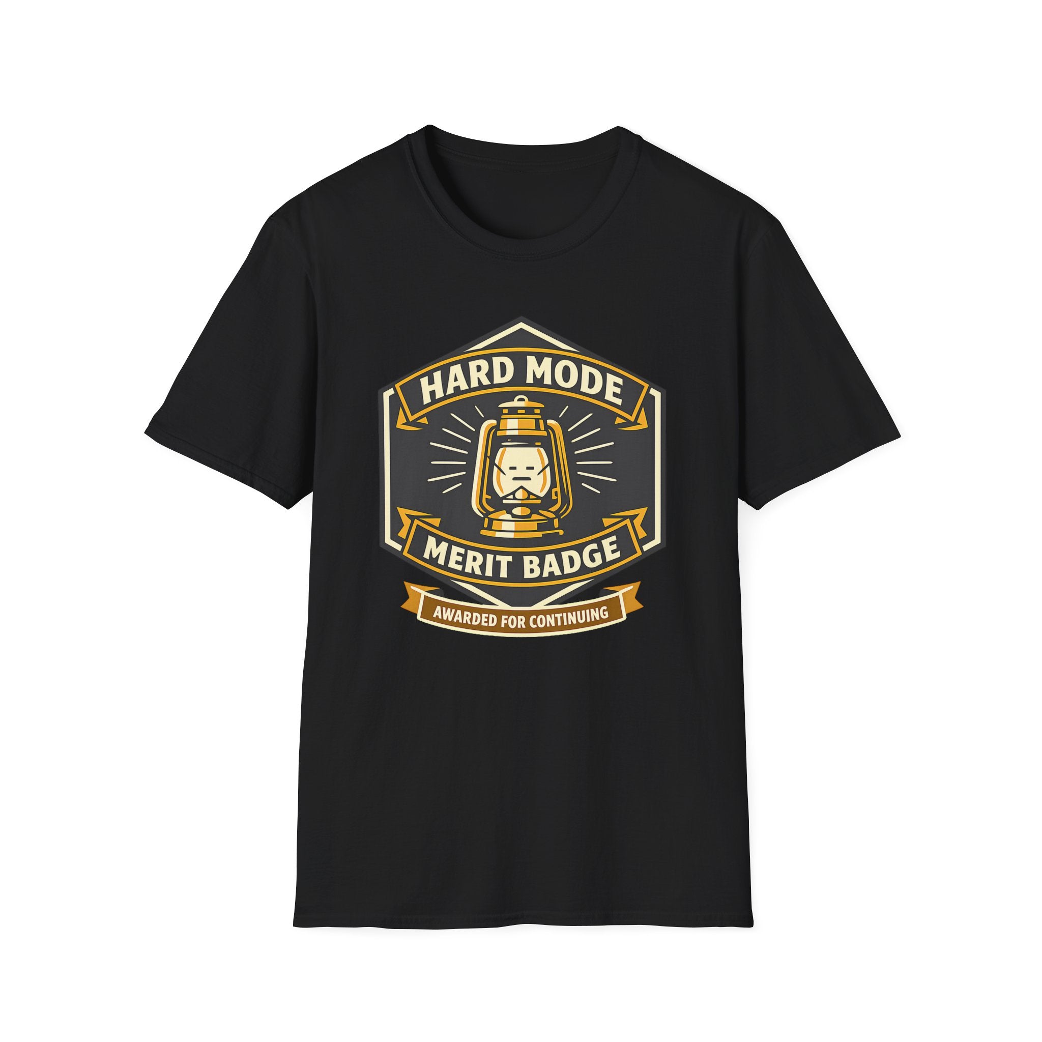 Hard Mode Merit Badge T‑Shirt — Retro Lantern Gaming/Outdoors Crew Tee