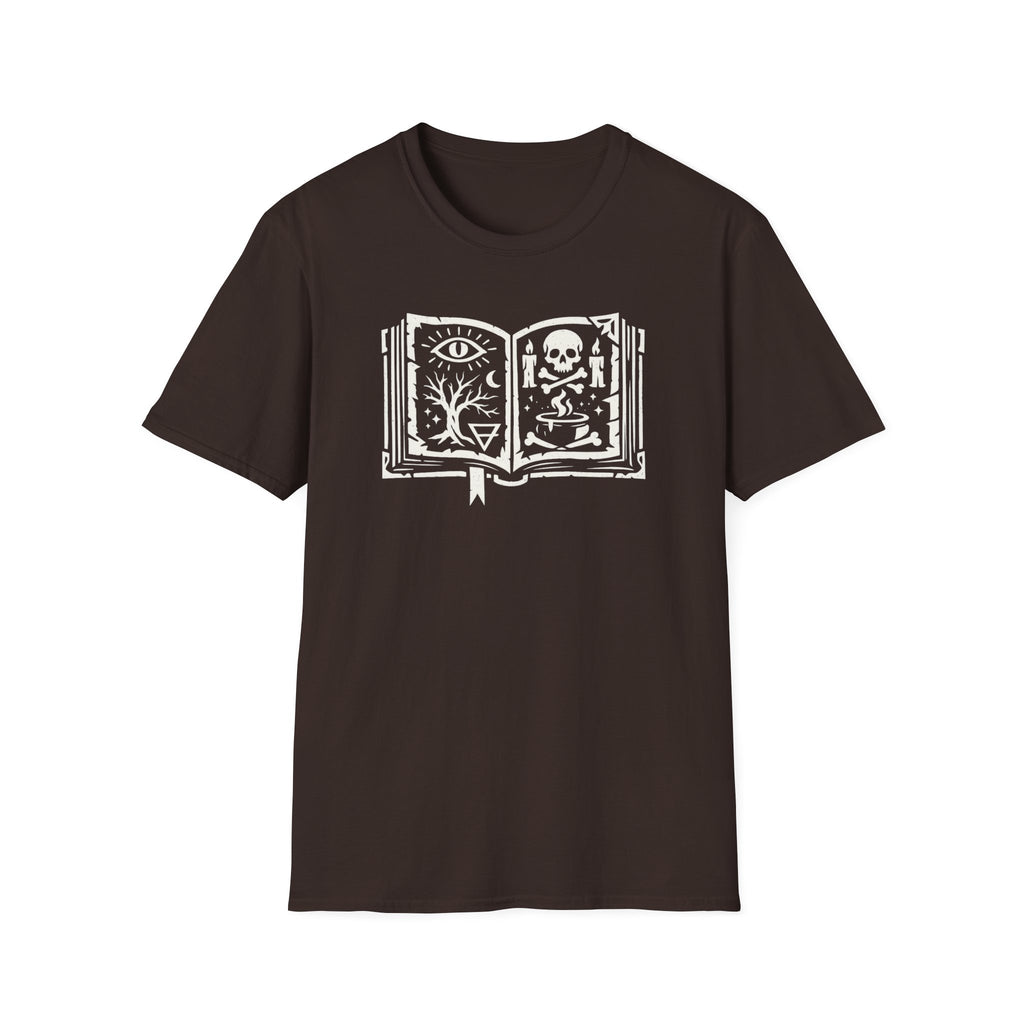 Spellbook Stylized Graphic T-Shirt - Vintage Witchbook Tee (Eye, Skull & Symbols)