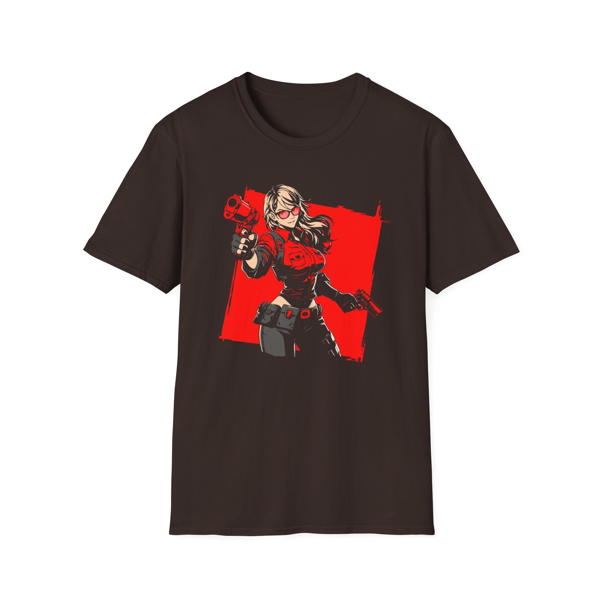 Gamer Girl Gunslinger Graphic T-Shirt — Red Comic Gun Heroine Tee