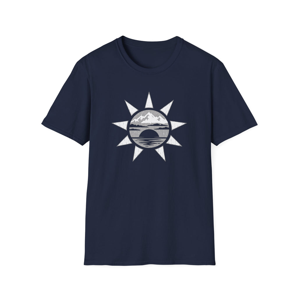 Sunset Mountain T-Shirt — Minimal Nautical Sun & Waves Graphic