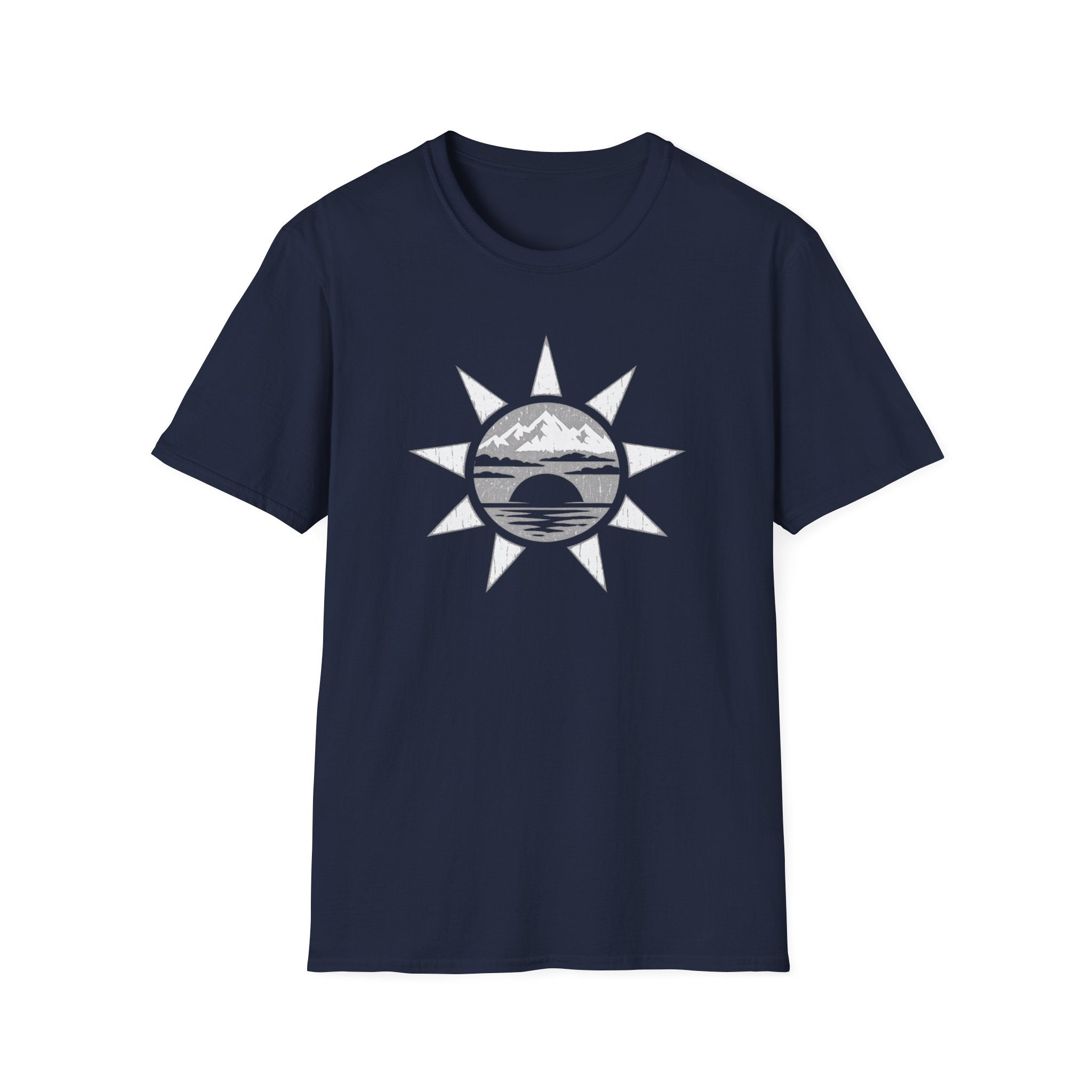 Sunset Mountain T-Shirt — Minimal Nautical Sun & Waves Graphic