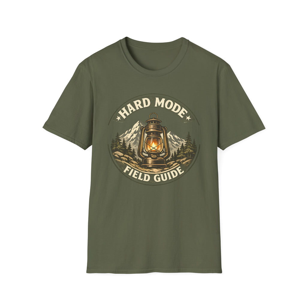 Hard Mode Field Guide T-Shirt - Vintage Lantern Mountain Fantasy Tee