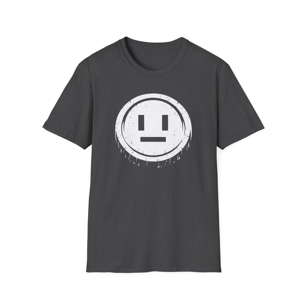 Meh Emoji Face Coin Grunge T-Shirt - Minimal Neutral Emoticon Tee