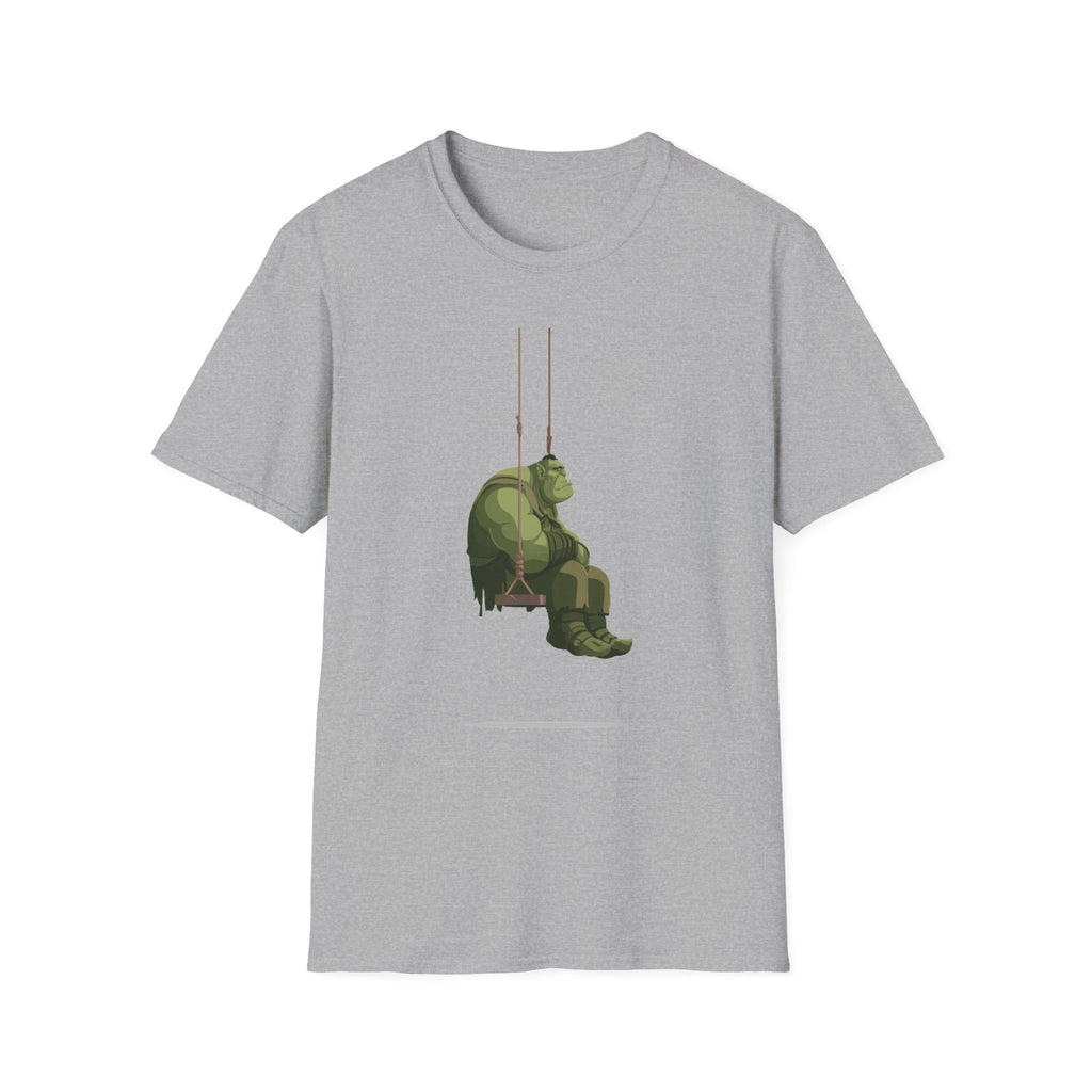 Sad Ogre Graphic T-Shirt - Cute Green Monster Swinging Tee
