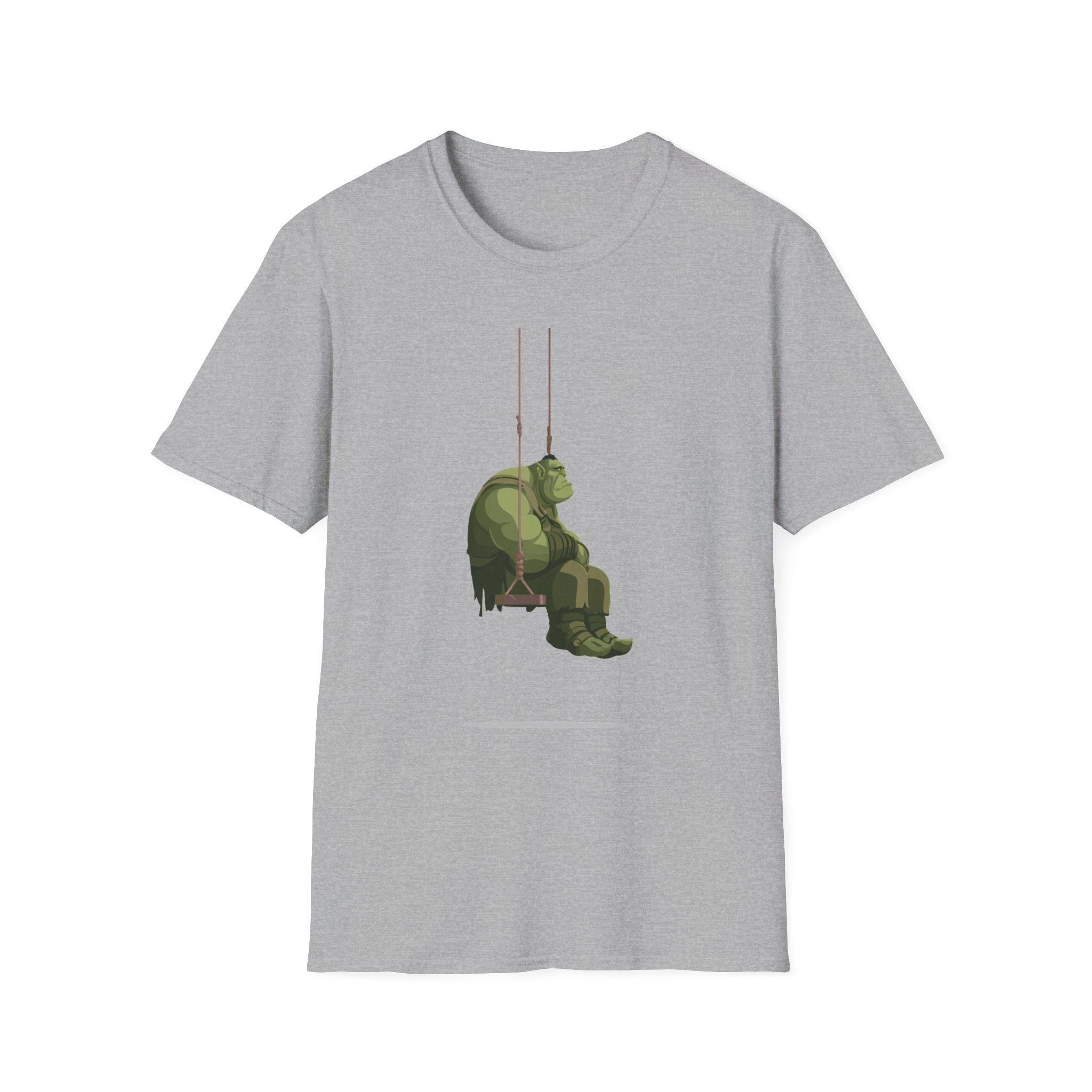 Sad Ogre Graphic T-Shirt - Cute Green Monster Swinging Tee
