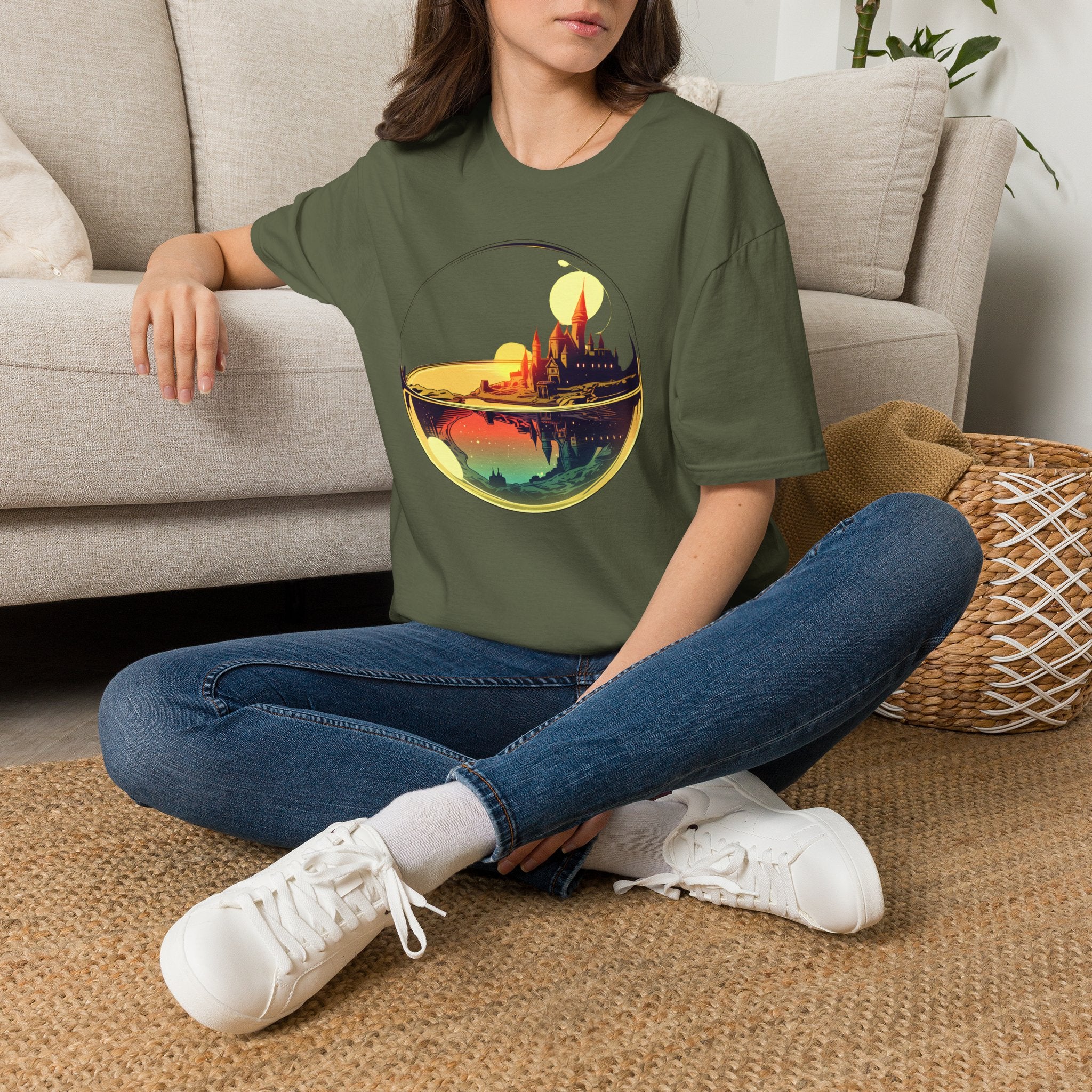 Fantasy Castle in Crystal Ball T-Shirt - Glass Orb Sunset Illustration