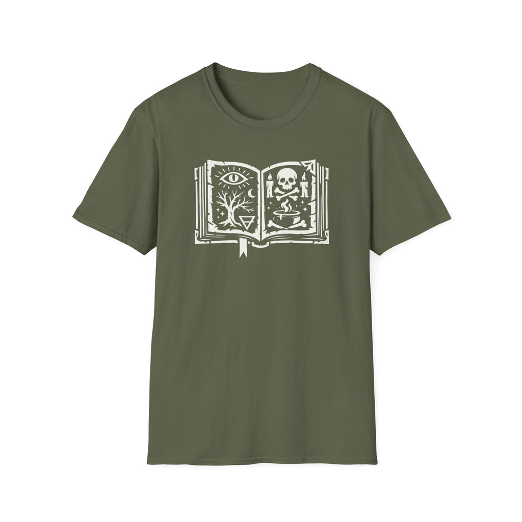 Spellbook Stylized Graphic T-Shirt - Vintage Witchbook Tee (Eye, Skull & Symbols)